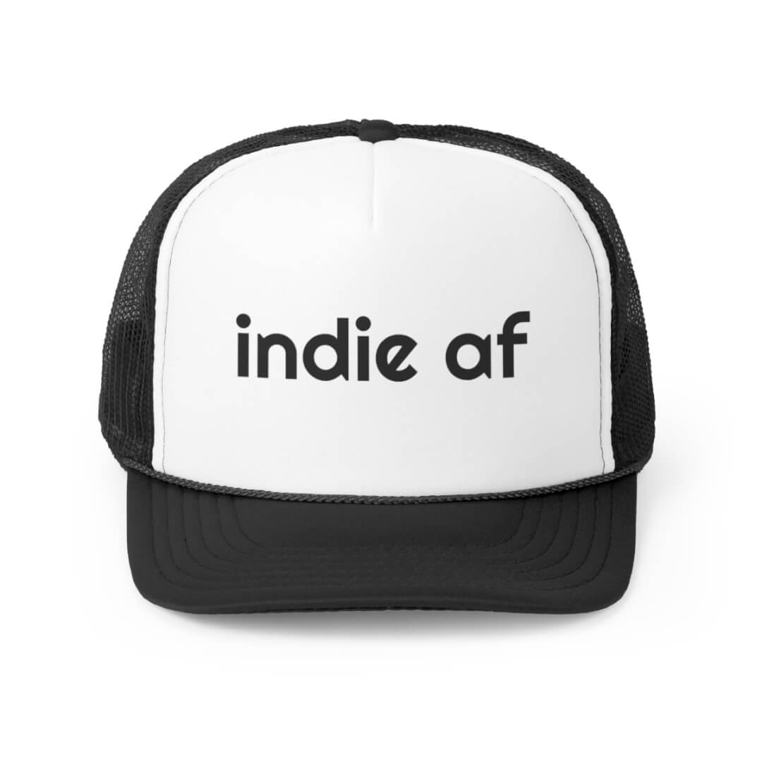 The Indie AF Trucker Hat is a black and white cap with Indie AF boldly printed on the front.