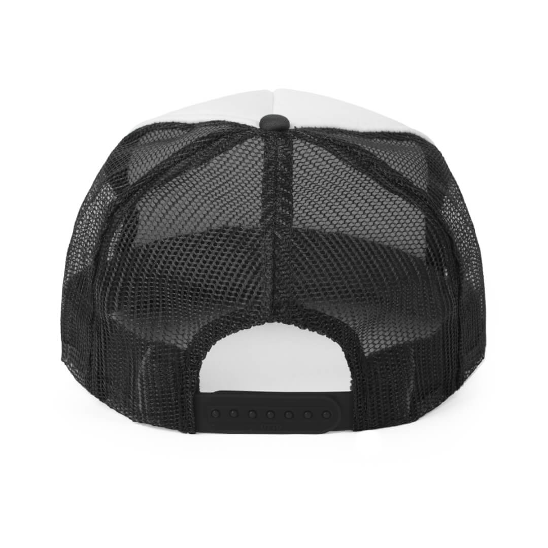 The Indie AF Trucker Hat features a black mesh back and an adjustable snapback closure.