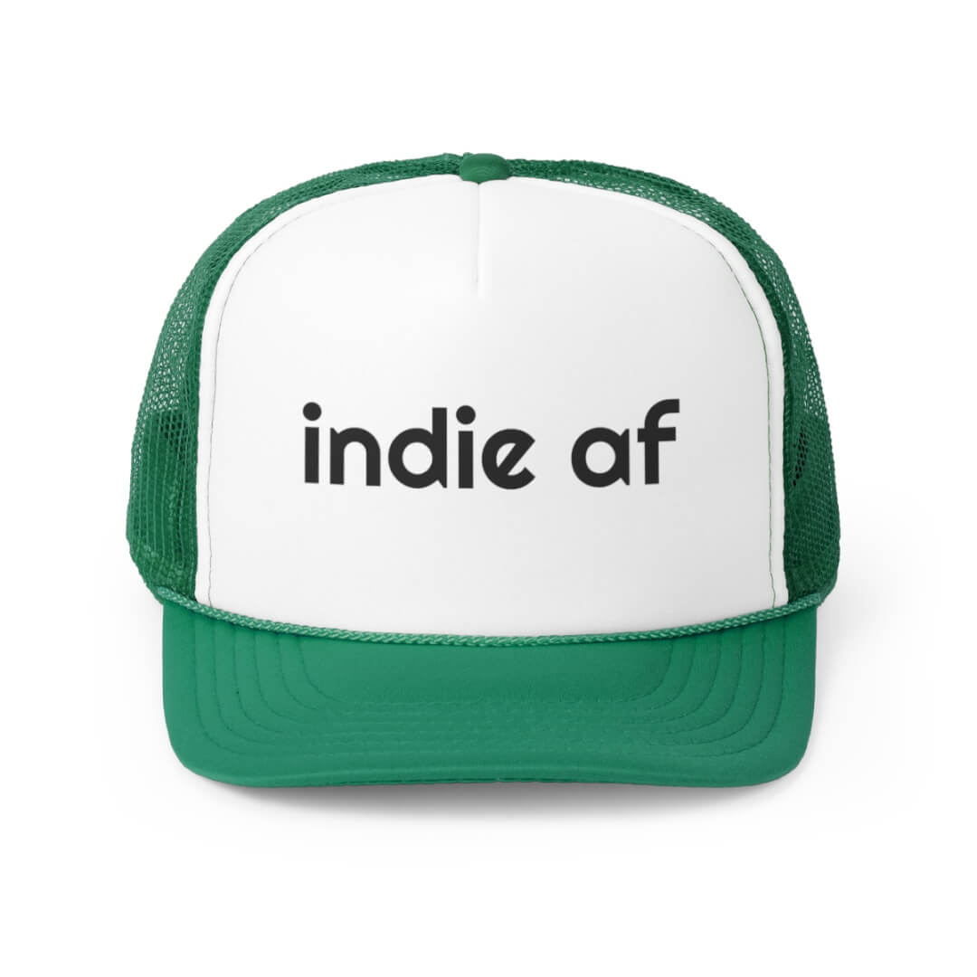 The Indie AF Trucker Hat is a green and white cap with Indie AF boldly printed in black on the front.