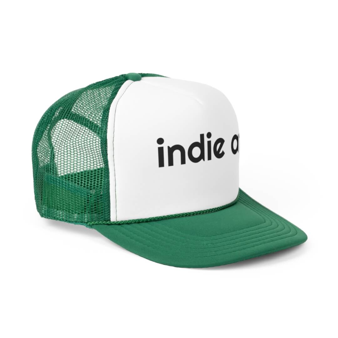 The Indie AF Trucker Hat is a trendy green and white cap with Indie AF printed boldly on the front—perfect for any indie enthusiast.