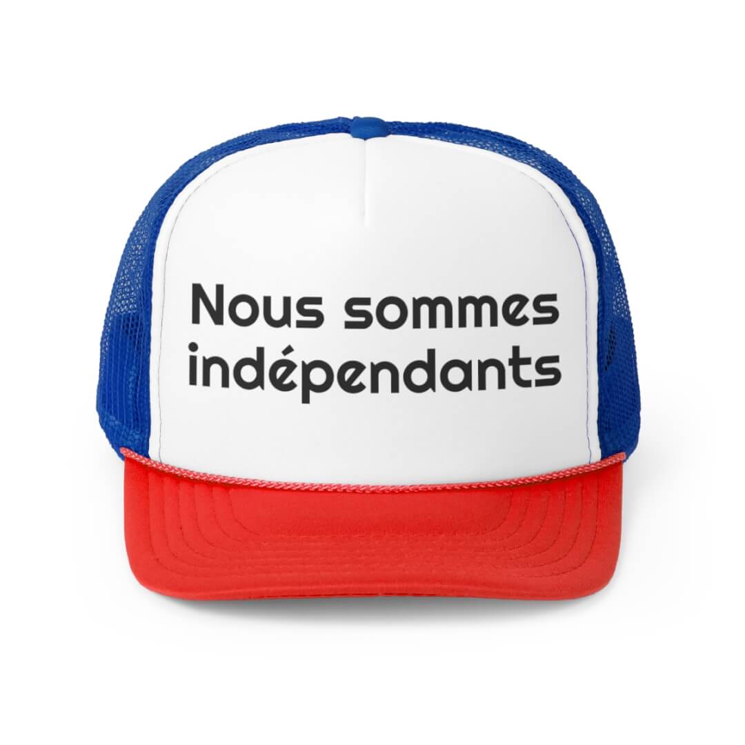 The Cannes Indie Trucker Hat features a blue mesh back, red brim, and white front panel with Nous sommes indépendants displayed.