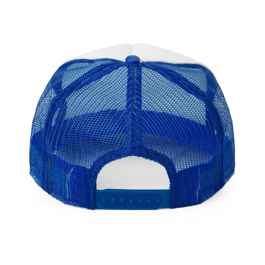 The Cannes Indie Trucker Hat in blue and white mesh is shown from the back, featuring an adjustable snapback—perfect for adding an indie edge to your everyday style.