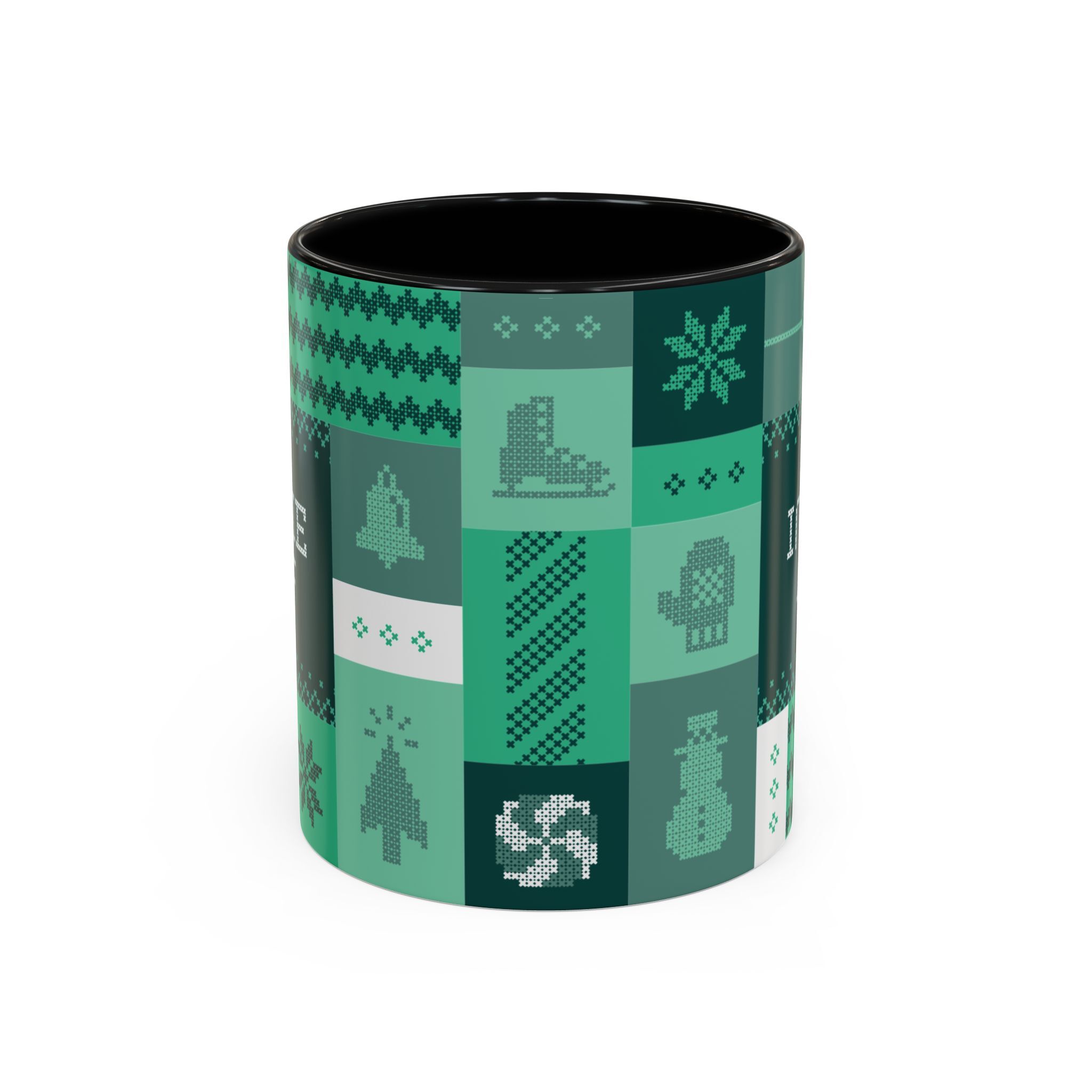 The "Mandatory Fun" Mug - Green | 11oz Indie AF 2025 Holidays by Grown features a ceramic build with a green and black knit-style pattern, showcasing winter icons like snowflakes, snowmen, ice skates, and mittens.
