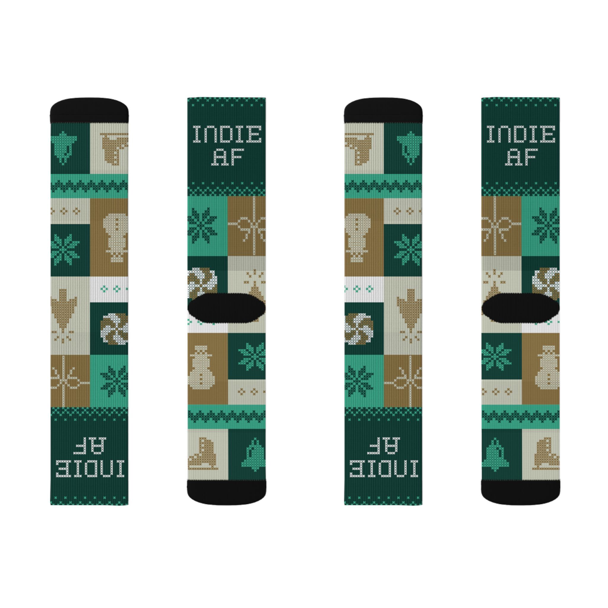 The "Cold Feet" Socks - Gold | Indie AF 2025 Holidays by Grown feature green, brown, and beige pixel-art blocks with festive designs and “INDIE AF” in white—perfect cozy socks for the indie-spirited this holiday season.