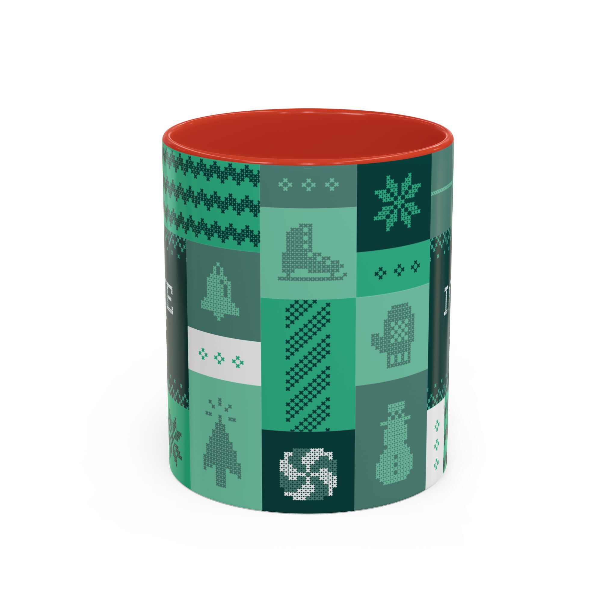 The "Mandatory Fun" Mug - Green | 11oz by Grown features a red interior and green and white pixel art of winter icons like snowflakes, mittens, and snowmen—the perfect mug for your Indie AF 2025 Holidays.