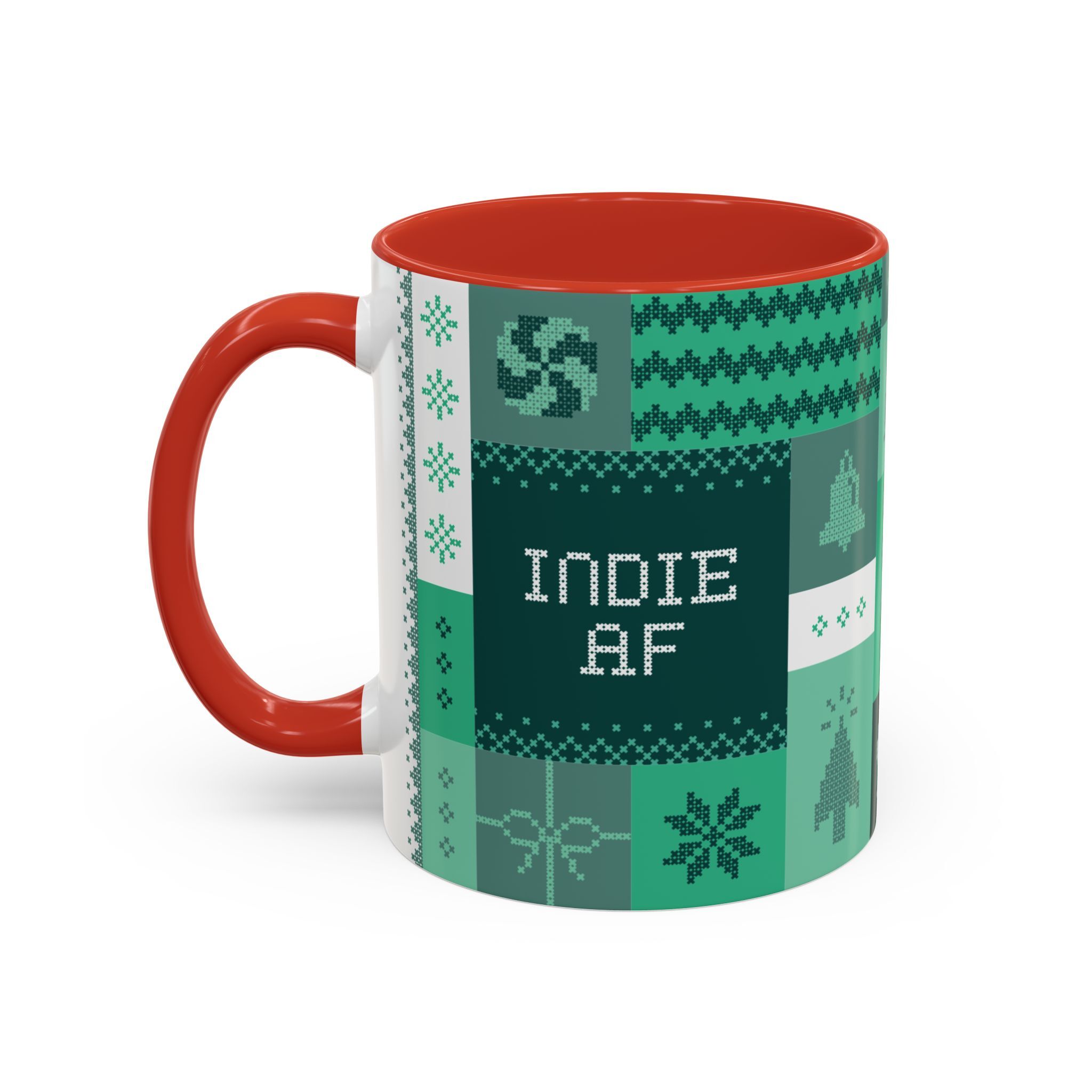 Celebrate the 2025 Holidays in style with The "Mandatory Fun" Mug - Green | 11oz Indie AF by Grown, featuring a green patchwork design, red handle and interior, and pixelated text.