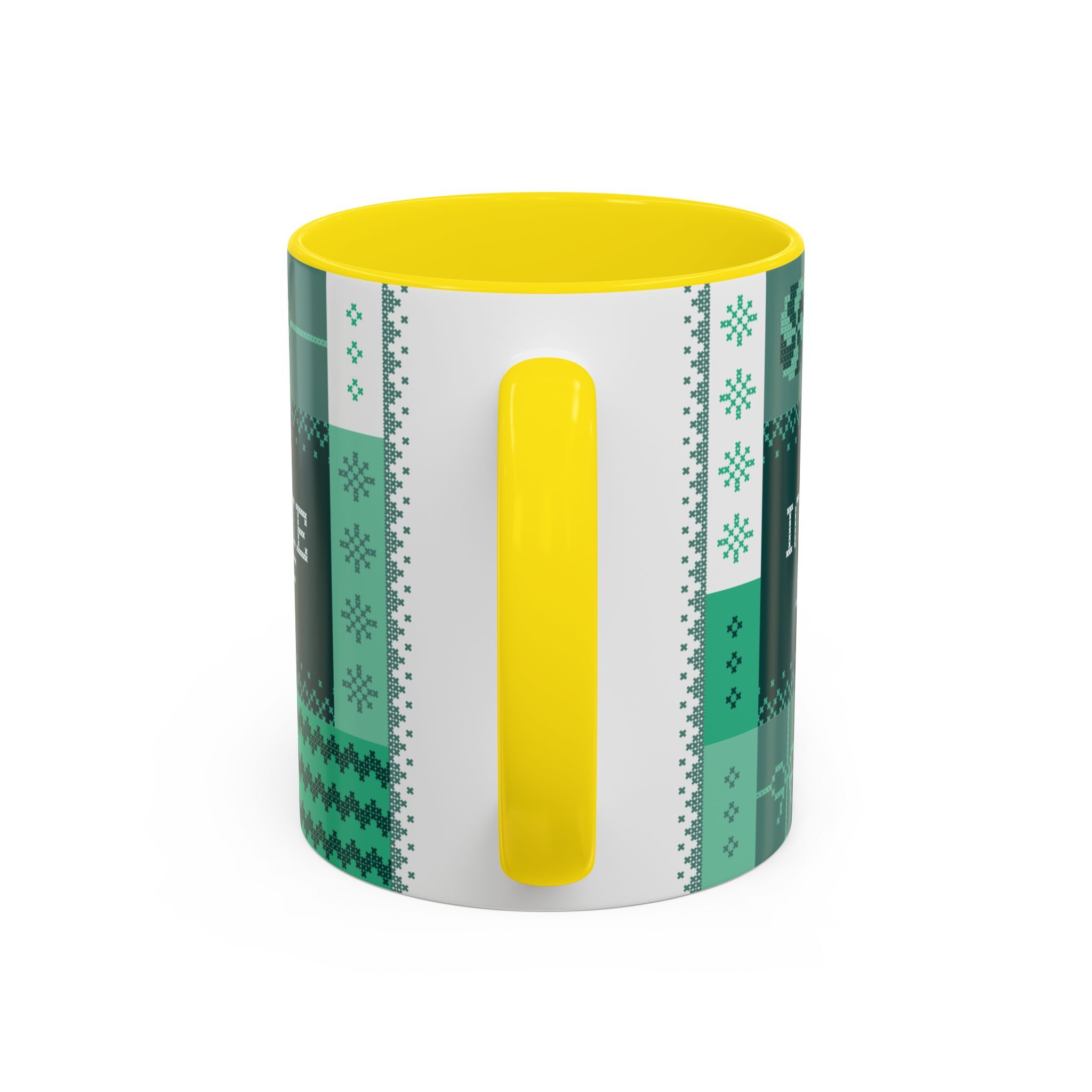 Sip in style this 2025 Holidays with The "Mandatory Fun" Mug - Green | 11oz Indie AF by Grown—a white ceramic mug with a yellow handle and interior, featuring a green and white patterned design.
