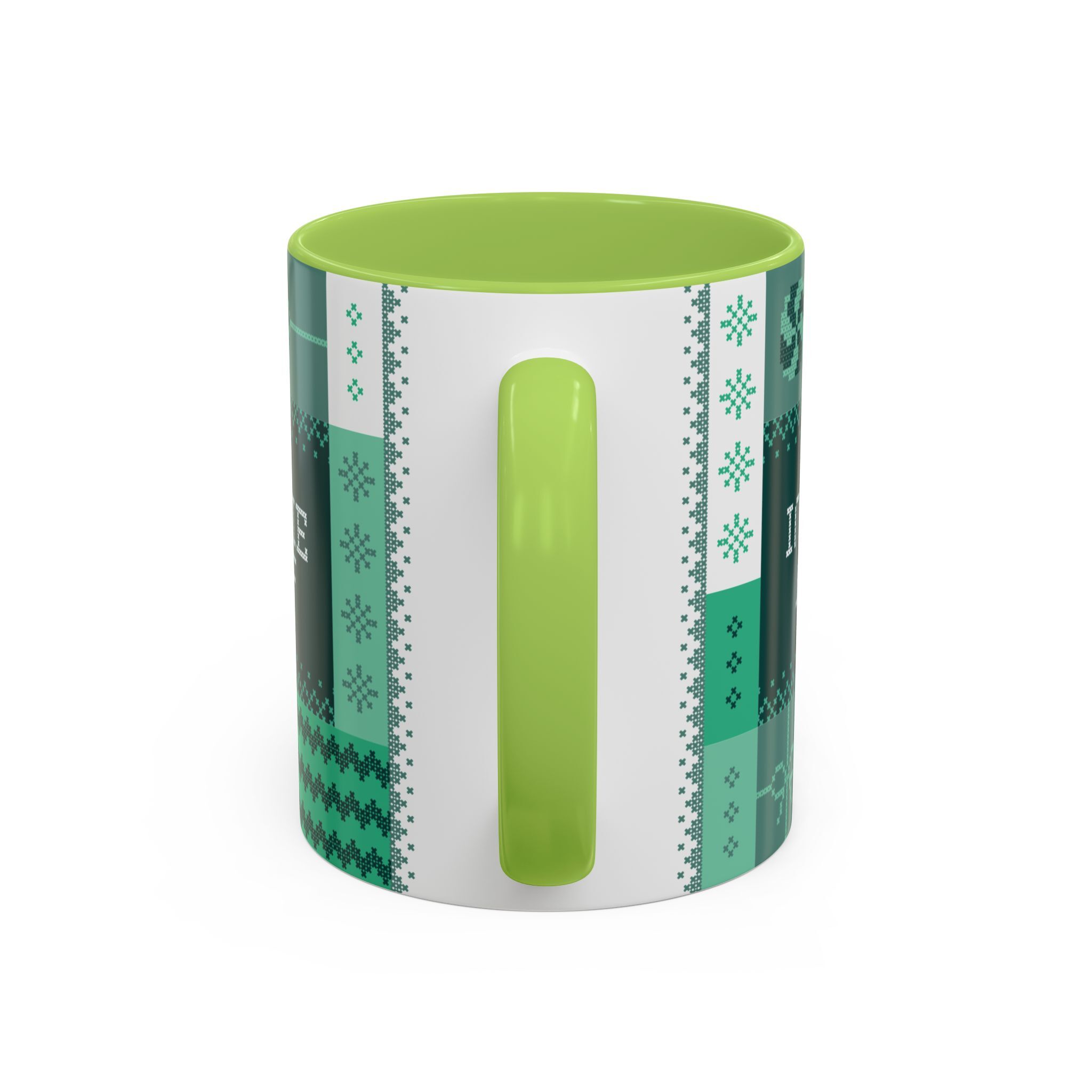 The "Mandatory Fun" Mug - Green | 11oz by Grown: A ceramic mug with a green handle and interior, featuring a teal and white pixelated design. Perfect for Indie AF 2025 Holidays.
