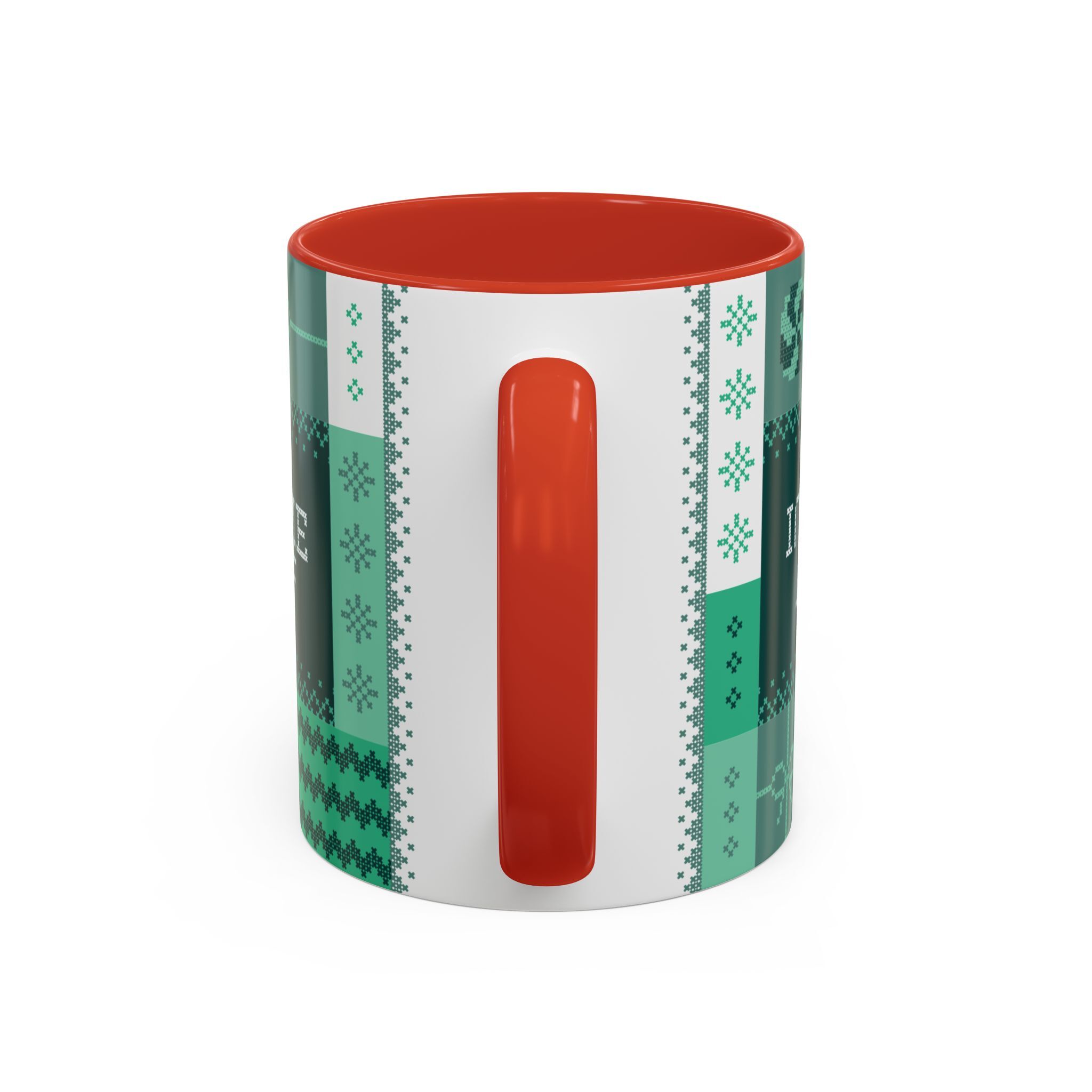 The "Mandatory Fun" Mug - Green | 11oz Indie AF 2025 Holidays by Grown is a ceramic mug with a red handle and interior, plus a green and white patterned exterior.