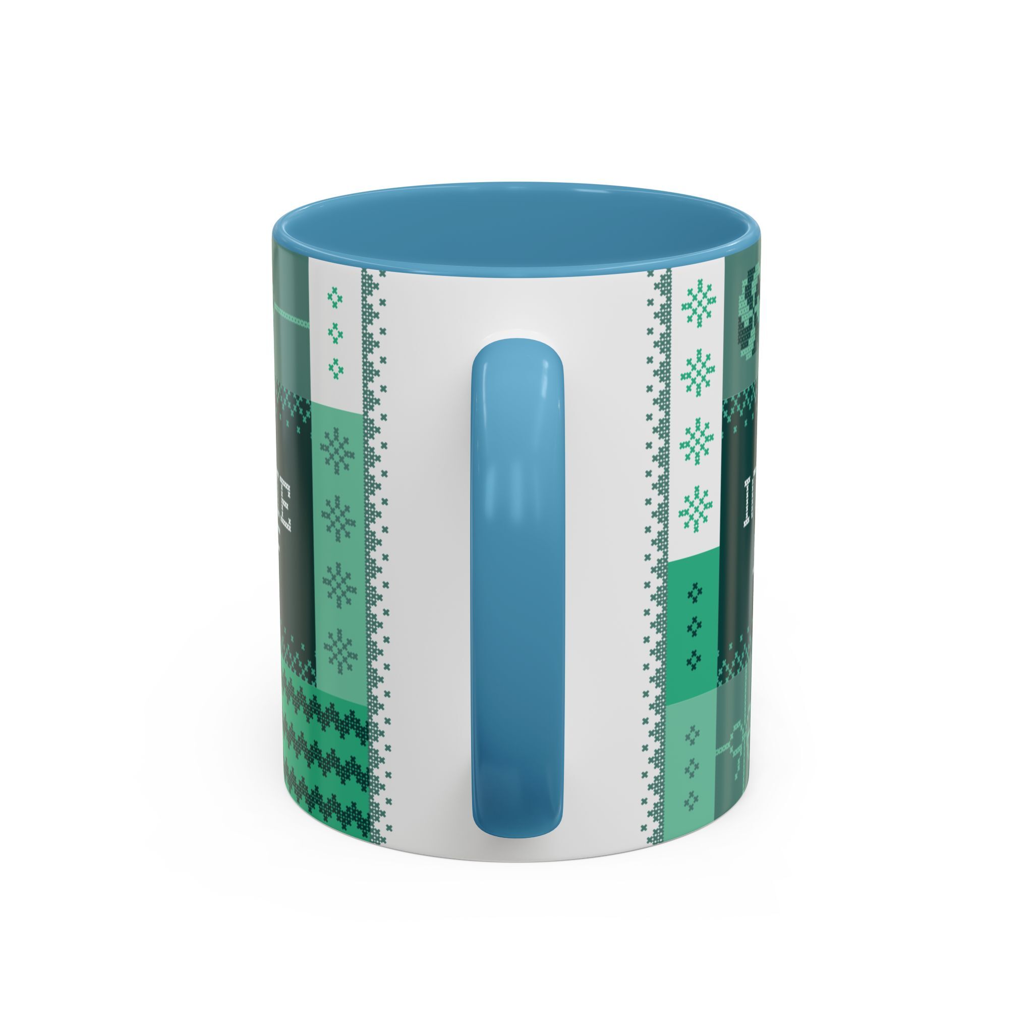 The "Mandatory Fun" Mug - Green | 11oz by Grown features a white ceramic body, blue handle and interior, plus a green and black pixelated knit-like design—perfect for 2025 Holidays. Shown from the back with handle centered.