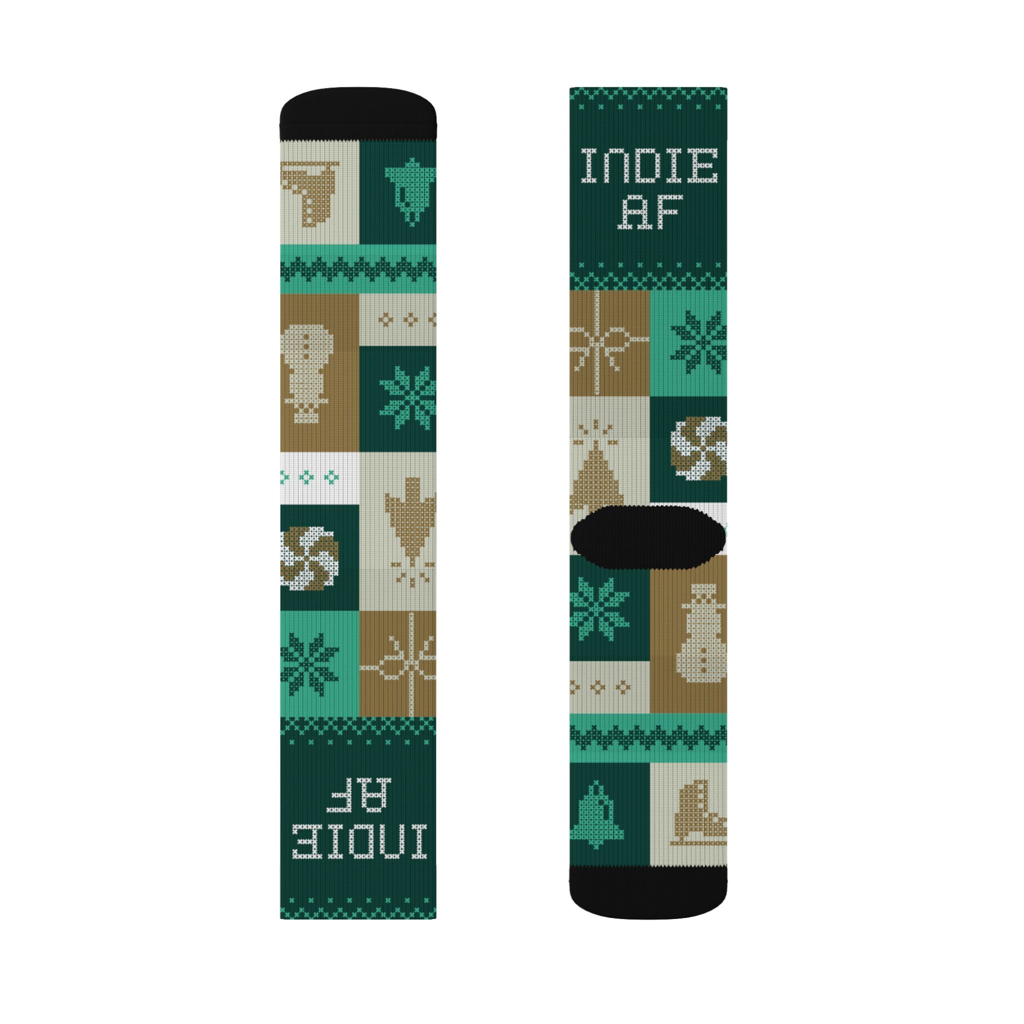 The "Cold Feet" Socks - Gold | Indie AF 2025 Holidays by Grown feature INDIE AF text, plus bells, snowflakes, a snowman, a vinyl record, and coffee mug designs—perfect for stylish grown folks.