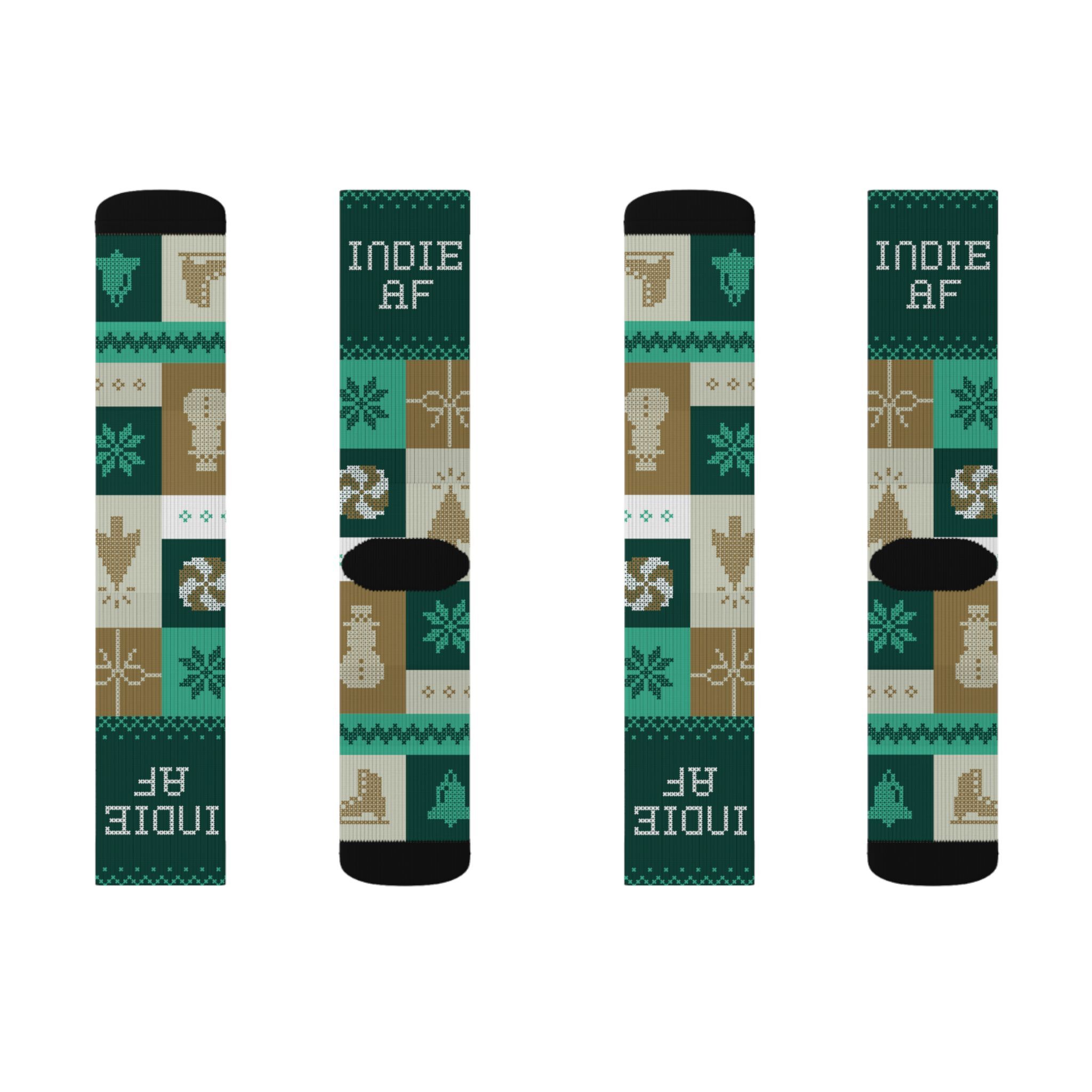 The "Cold Feet" Socks - Gold | Indie AF 2025 Holidays by Grown feature a patchwork of festive icons and bold INDIE AF text in Grown's green, tan, and brown palette.