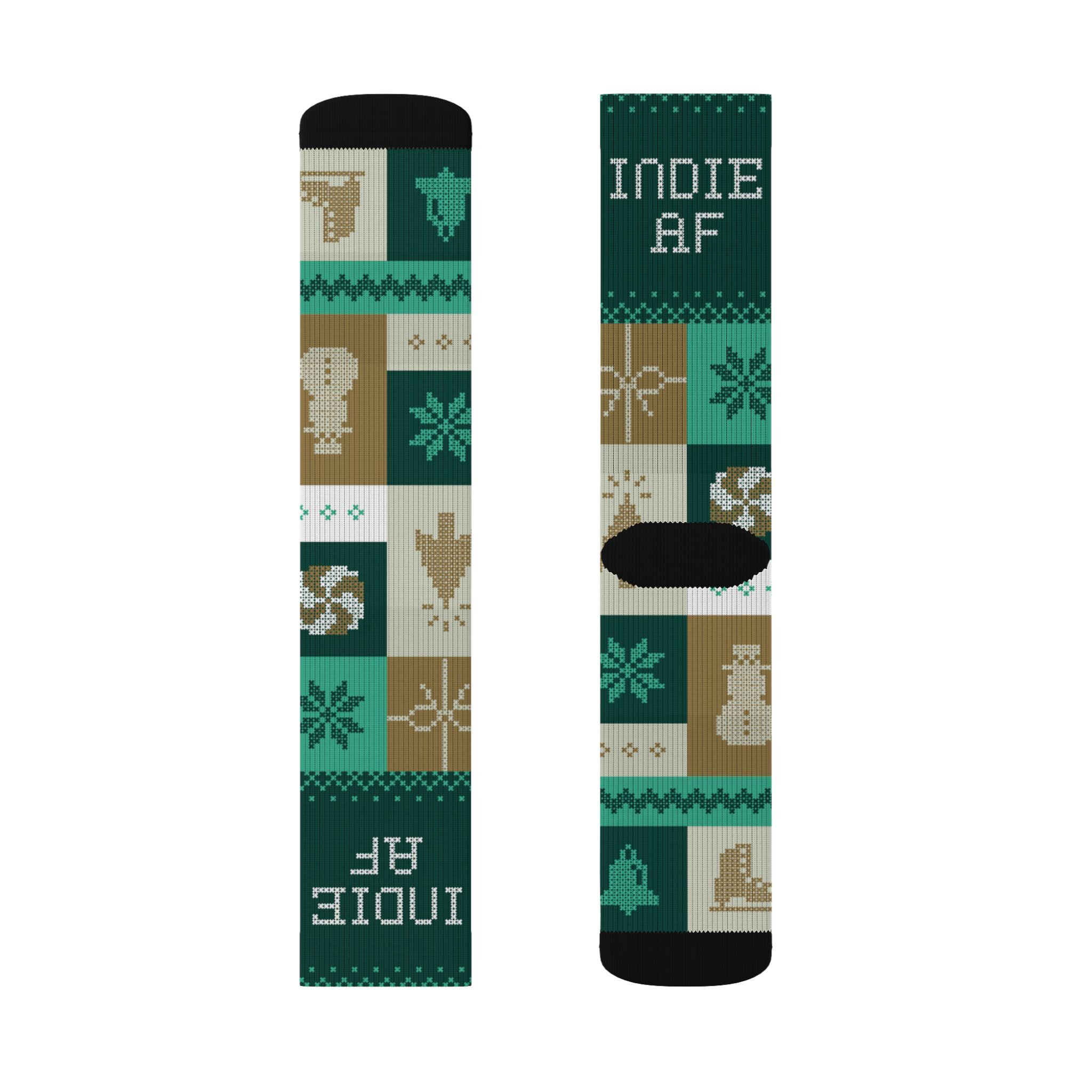 The "Cold Feet" Socks - Gold | Indie AF 2025 Holidays by Grown feature a stylish patchwork design—perfect for indie lovers looking to show off their unique style this holiday season.