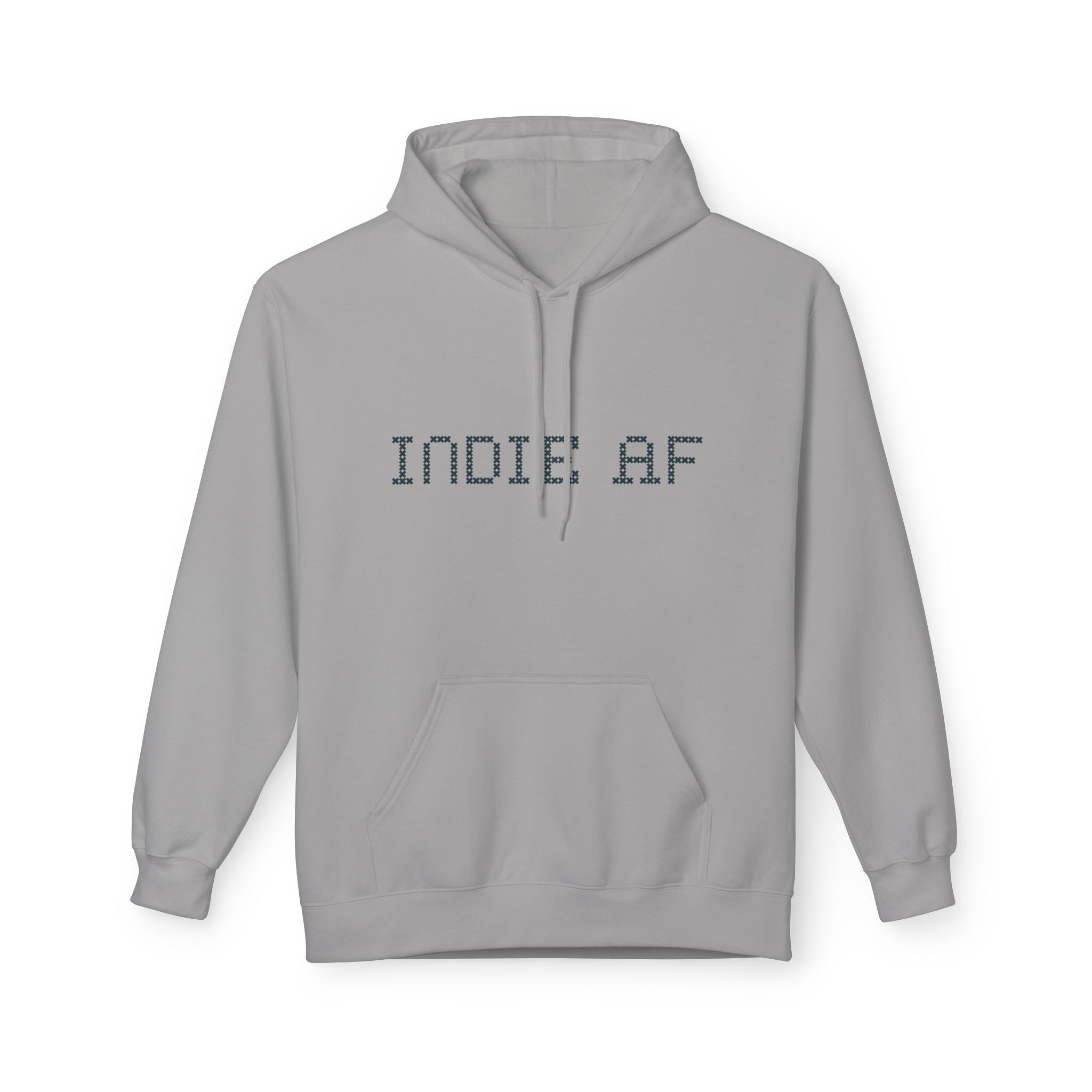The "Uniform Rebellion" Hoodie | Indie AF 2025 Holidays by Grown features a light gray design, front pocket, and bold pixelated “INDIE AF” text across the chest—a modern twist on classic comfort.