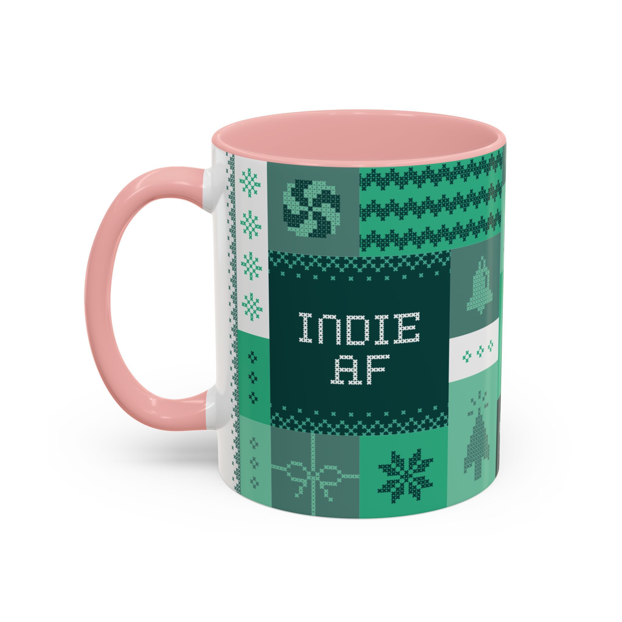 The "Mandatory Fun" Mug - Green | 11oz by Grown features pixel art and “INDIE AF” text—perfect for adding indie spirit to your 2025 holidays.