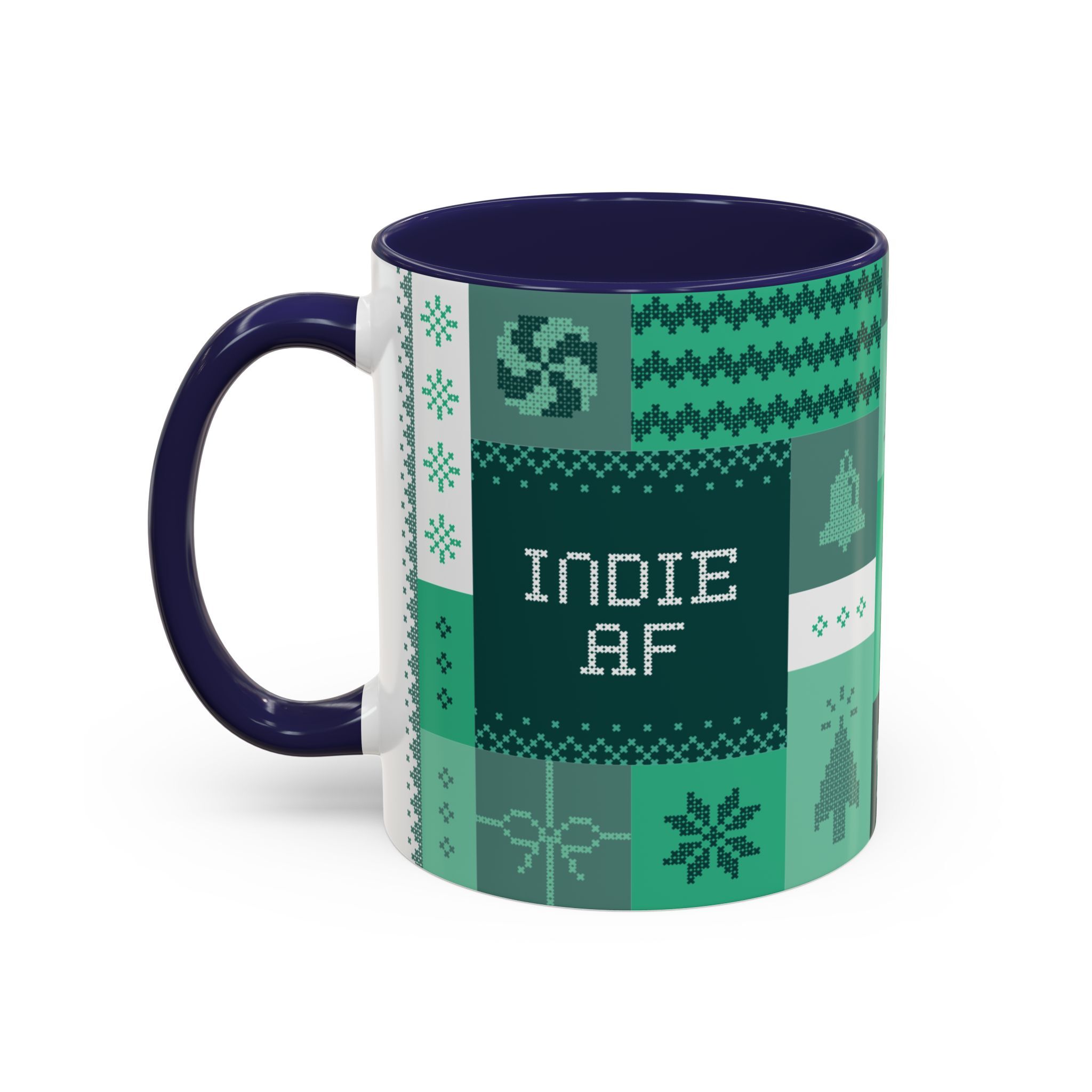 A green "Mandatory Fun" Mug - 11oz Indie AF 2025 Holidays by Grown, featuring pixel art patterns and festive designs—a perfect mug for your coffee breaks this holiday season.
