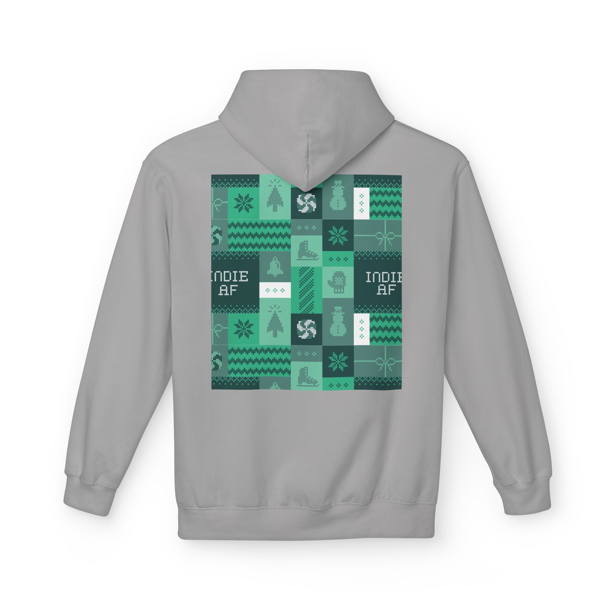 The "Uniform Rebellion" Hoodie | Indie AF 2025 Holidays by Grown features a gray design with a bold teal and green patchwork graphic, INDIE AF text, and holiday icons on the back—perfect for standout style lovers.