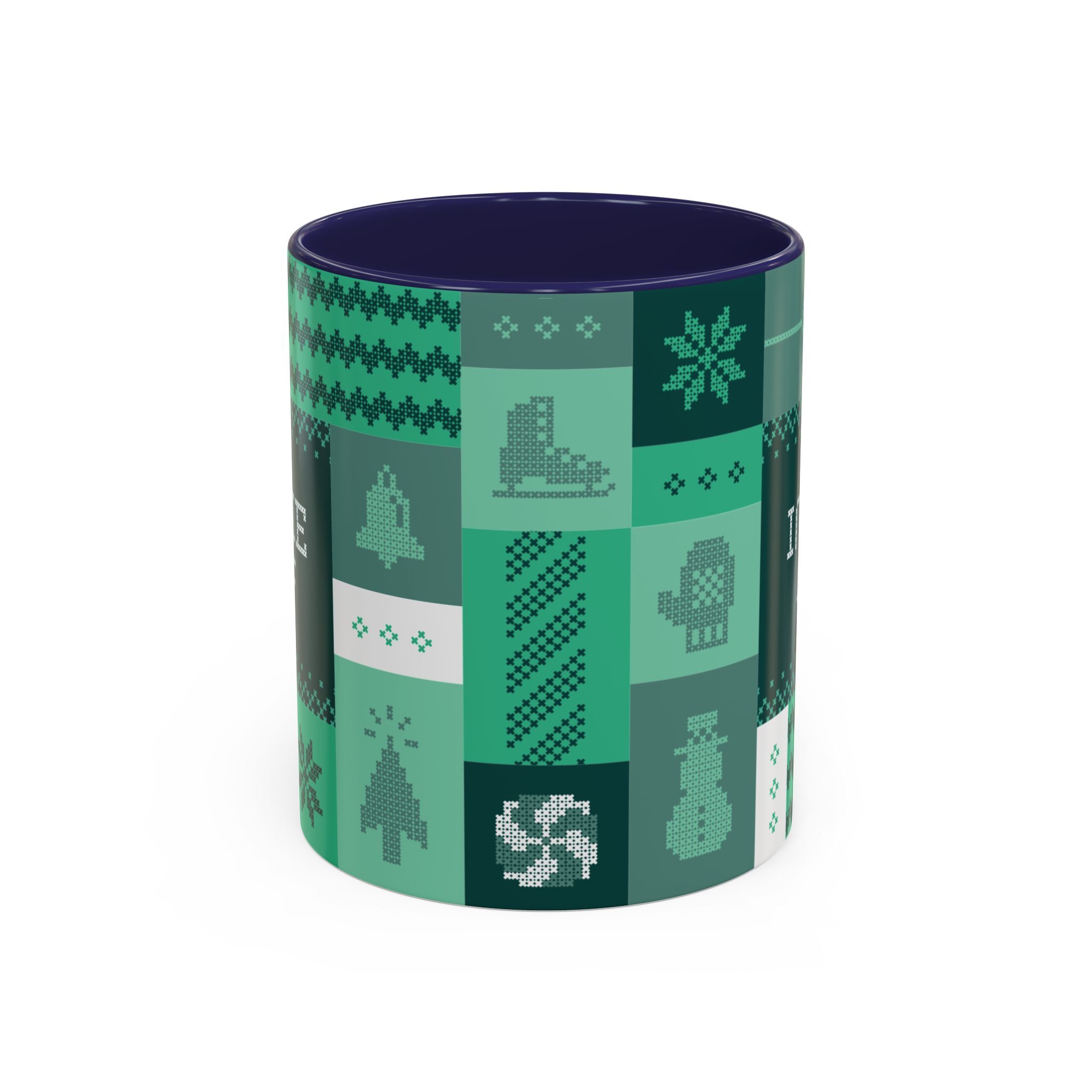 The "Mandatory Fun" Mug - Green | 11oz by Grown features pixel art winter icons—boot, mitten, snowflake, snowman, and tree—in green, blue, and white for the Indie AF 2025 Holidays.