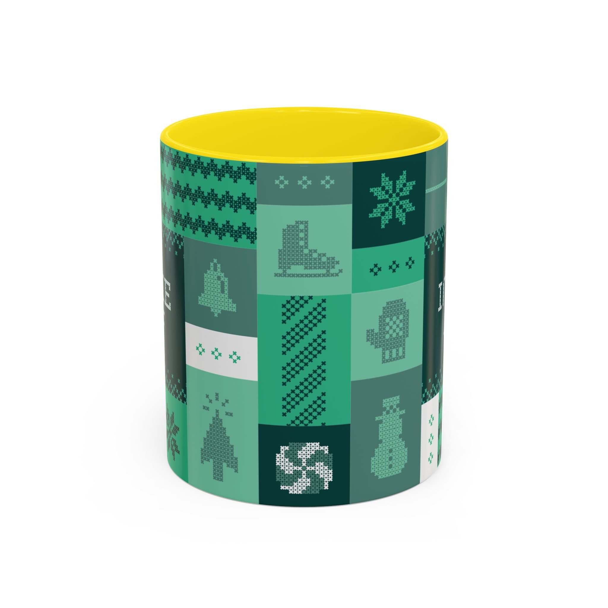 Sip festive cheer with The "Mandatory Fun" Mug - Green | 11oz Indie AF 2025 Holidays by Grown, featuring pixel art icons on a green patchwork and a yellow interior—your perfect mug for the 2025 holiday season!.