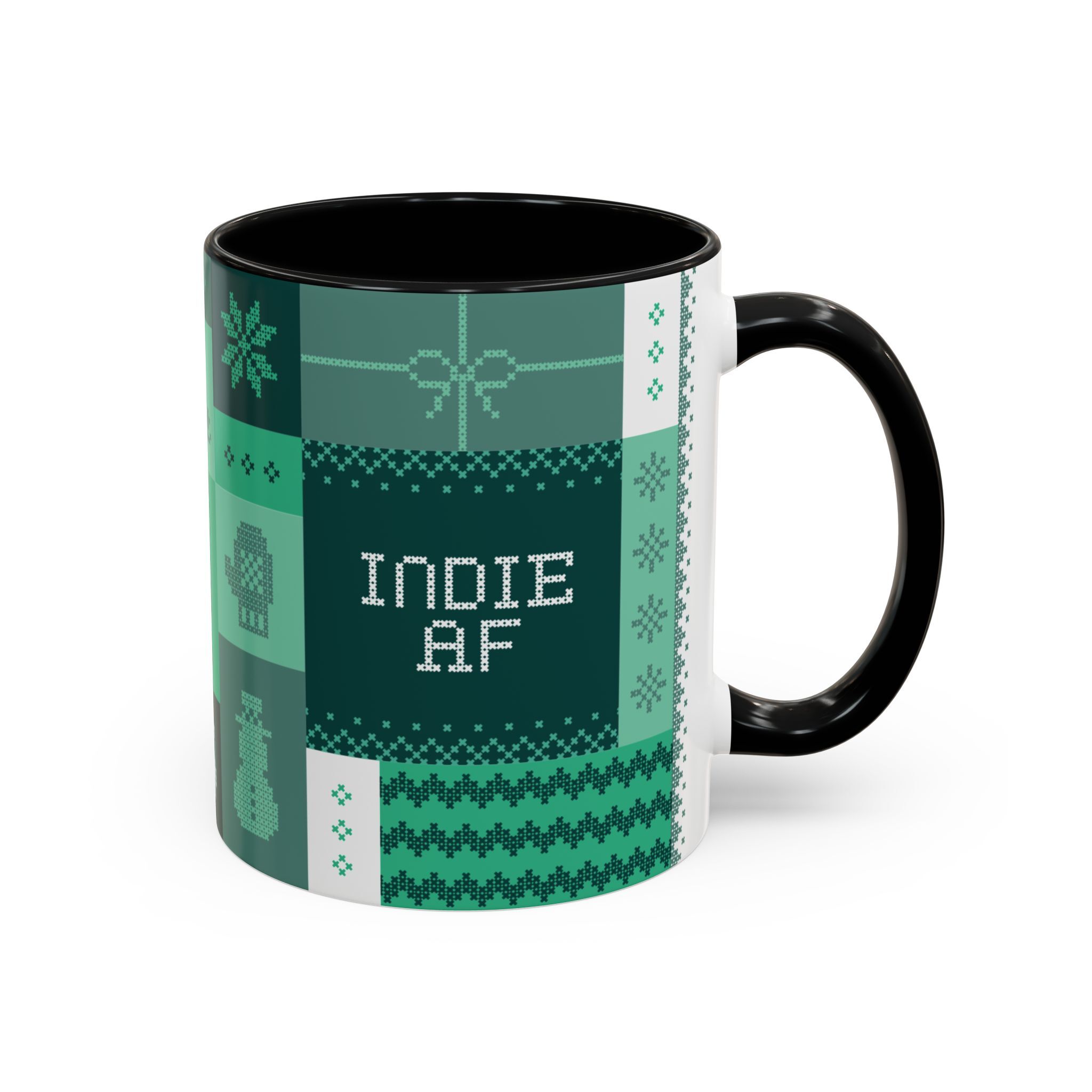 Sip in style with The "Mandatory Fun" Mug—an 11oz ceramic cup by Grown featuring a green knit pattern and "INDIE AF" pixel letters. Perfect for your 2025 Holidays collection!.