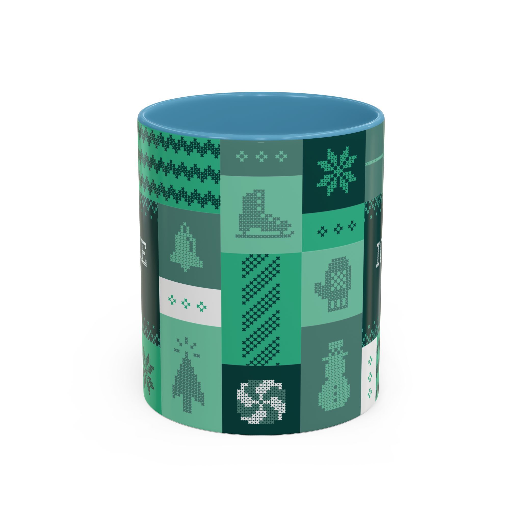The "Mandatory Fun" Mug - Green | 11oz Indie AF 2025 Holidays by Grown features a blue interior, green exterior, and playful pixel art winter icons—boots, bell, snowflake, snowman, and mittens—in square patterns.
