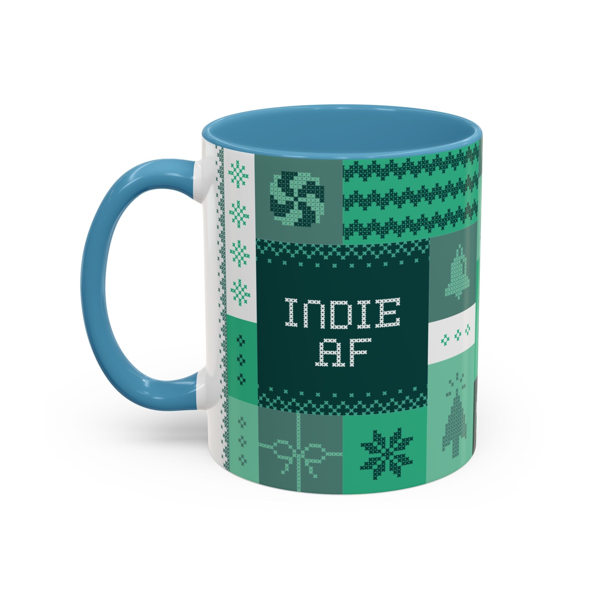 Celebrate the 2025 Holidays in style with The "Mandatory Fun" Mug - Green | 11oz Indie AF by Grown, featuring a vibrant pixel art pattern ideal for fun gatherings.
