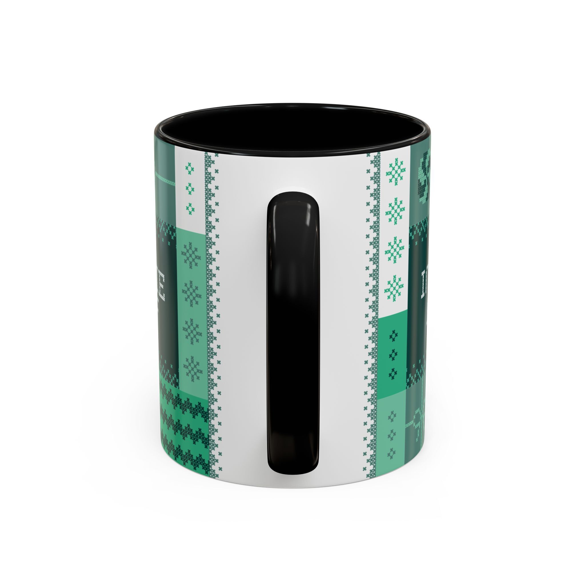 The "Mandatory Fun" Mug - Green | 11oz by Grown features a black handle and interior with a green and white knit-sweater pattern—perfect for Indie AF 2025 Holidays.