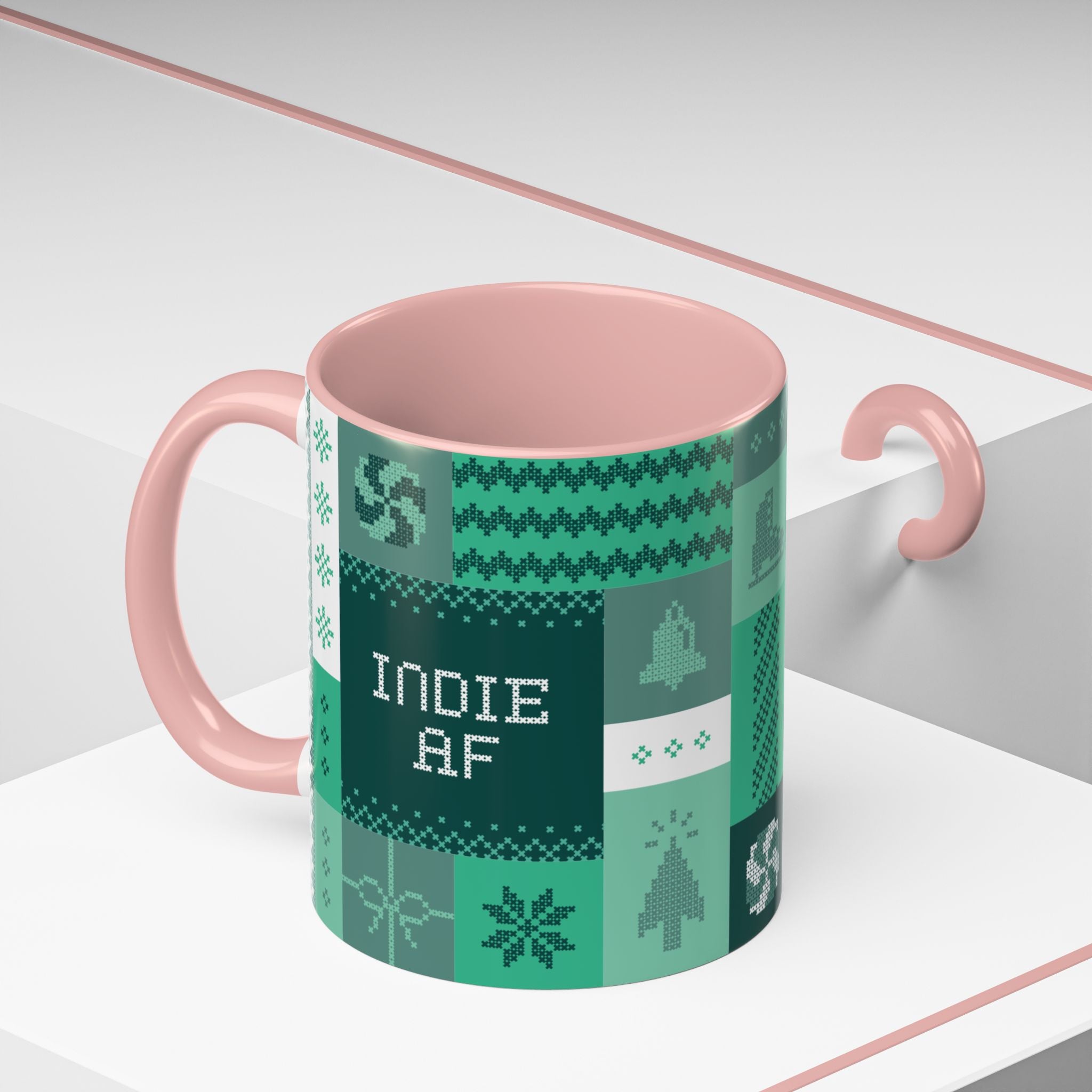 The "Mandatory Fun" Mug - Green | 11oz by Grown features green and white pixel art with bold lettering, plus a pink handle and interior—perfect for adding playful Indie AF vibes to your 2025 holidays coffee routine.