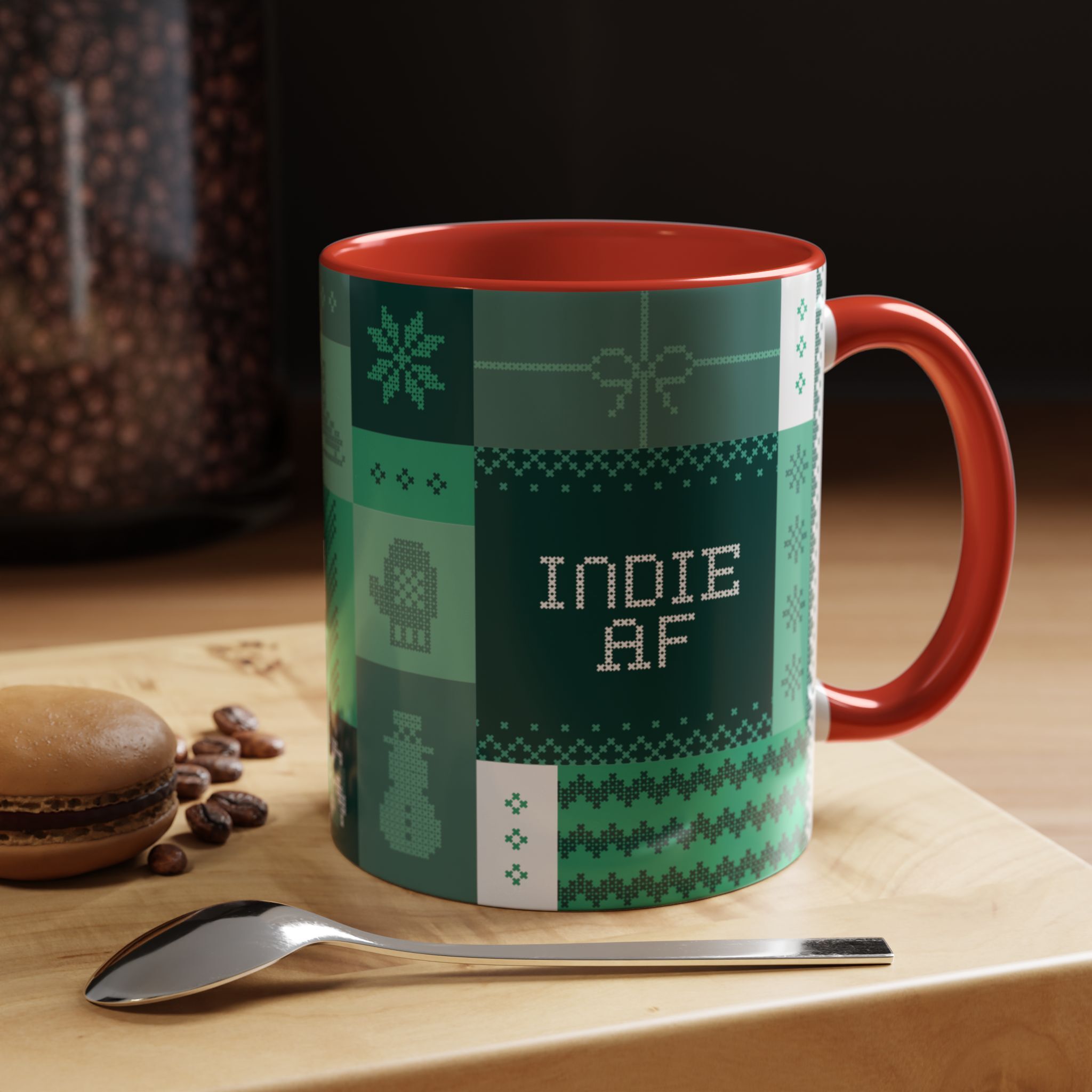 Celebrate the 2025 Holidays in style with The "Mandatory Fun" Mug - Green | 11oz Indie AF by Grown, featuring pixel art text on a wooden tray with a spoon, coffee beans, and a macaron—perfect for unique holiday moments.