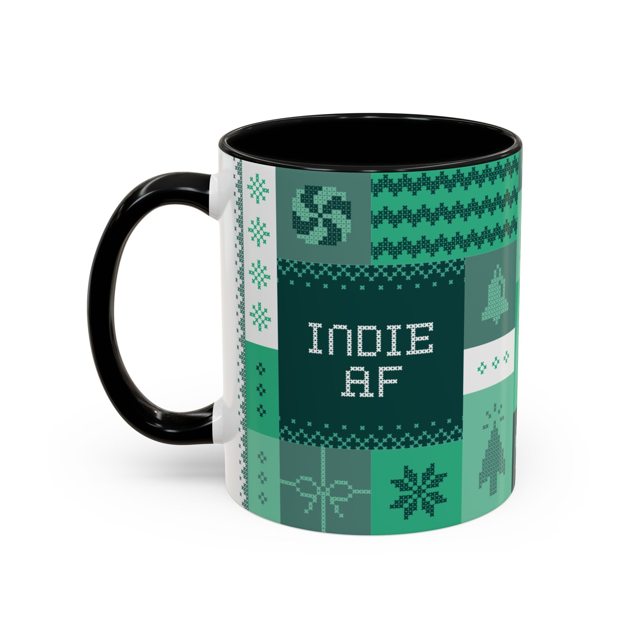 The "Mandatory Fun" Mug - Green is an 11oz white mug with a black handle and interior, featuring green patchwork and pixelated INDIE AF text—ideal for your 2025 Holidays by Grown.