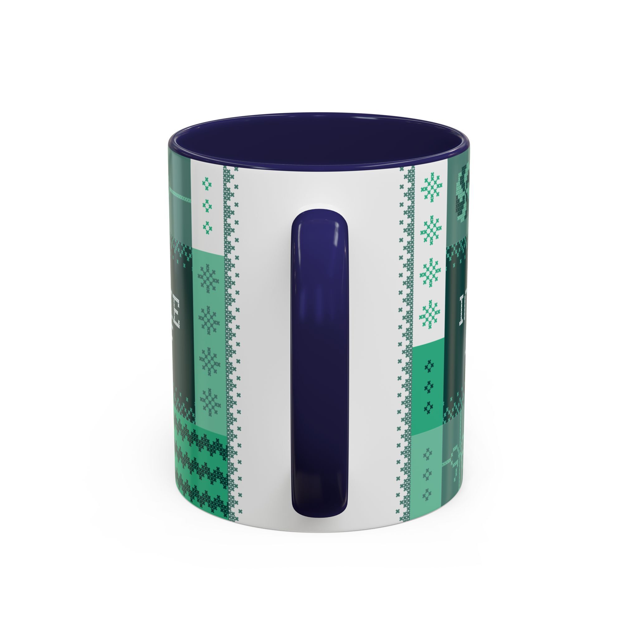The "Mandatory Fun" Mug - Green | 11oz Indie AF 2025 Holidays by Grown features a geometric green and white pattern with snowflakes, plus a dark blue handle and interior on ceramic.