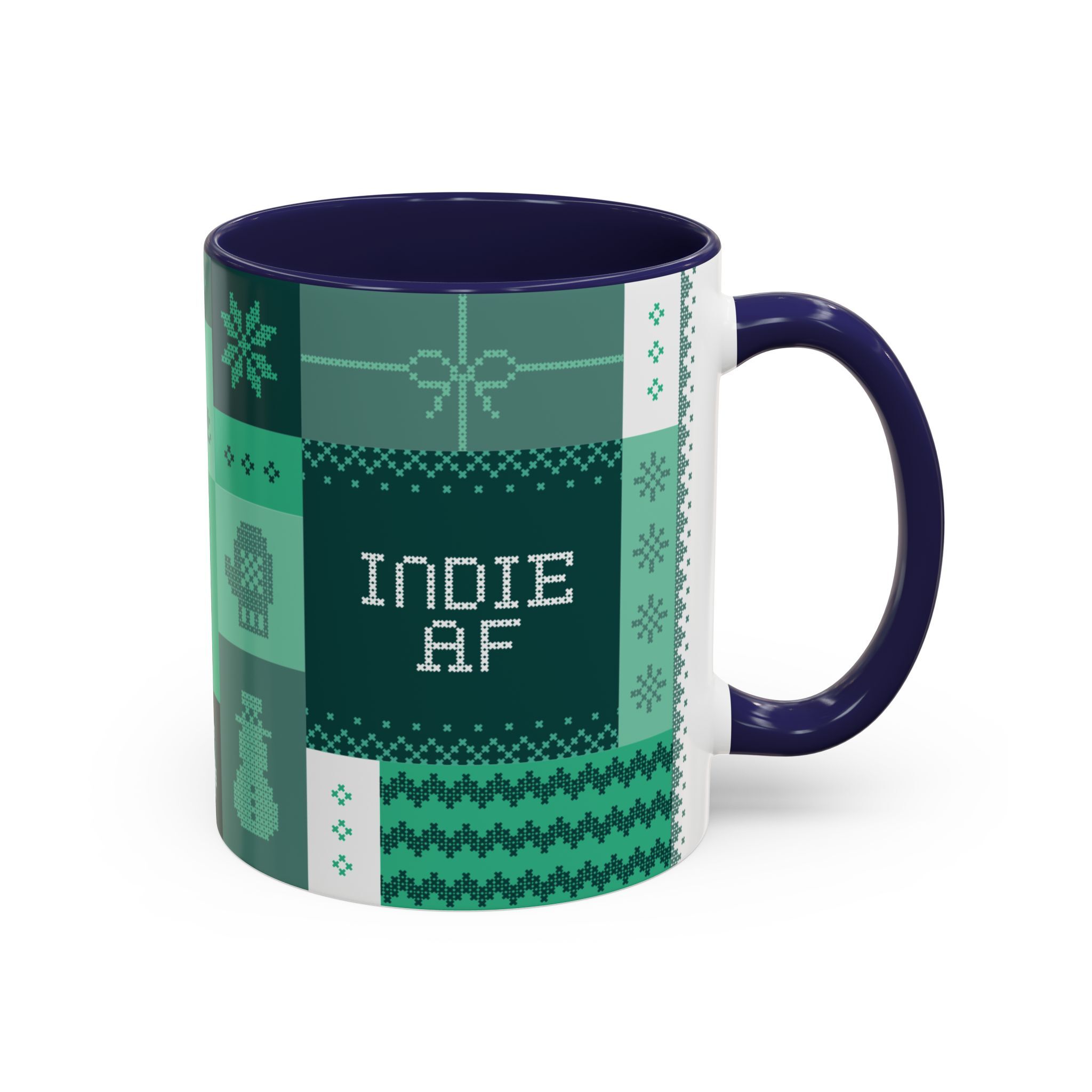 The "Mandatory Fun" Mug - Green | 11oz Indie AF 2025 Holidays by Grown is a ceramic mug with dark blue handle/interior, pixel art, and “INDIE AF” in white on green—perfect as your go-to mug for the 2025 holidays.