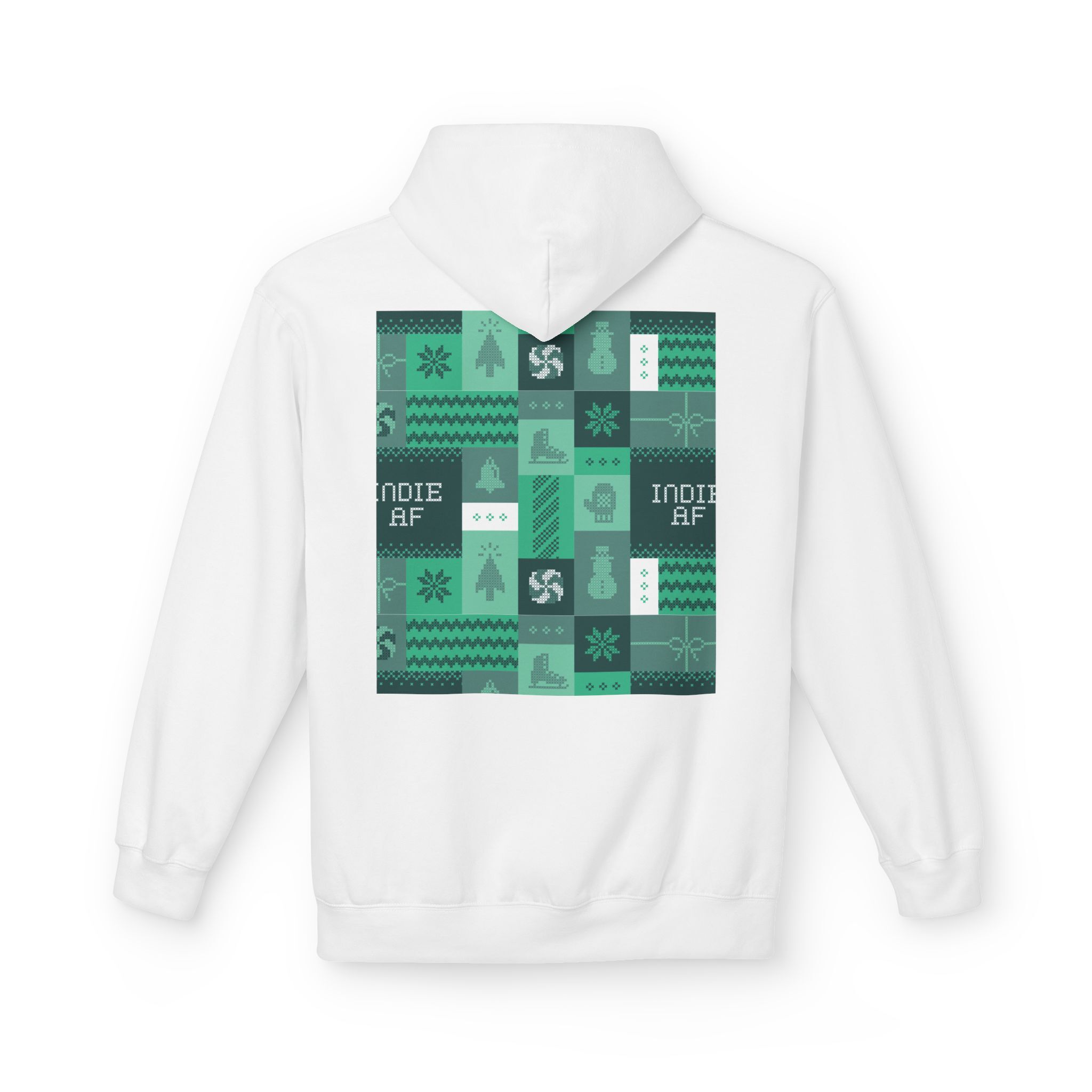 The "Uniform Rebellion" Hoodie | Indie AF 2025 Holidays by Grown features a white design with a teal abstract patchwork, snowflakes, and INDIE AF text on the back—a cozy, standout statement piece for the season.