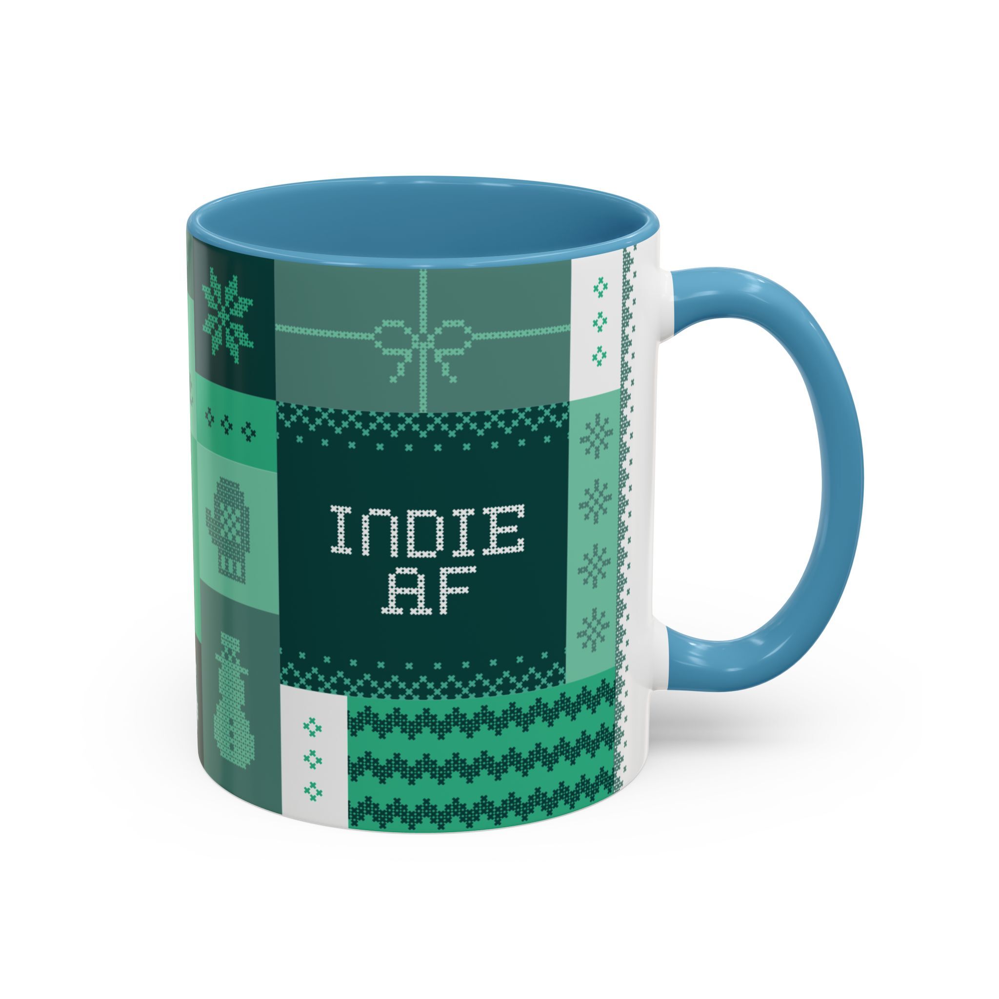 The "Mandatory Fun" Mug - Green | 11oz by Grown features a pixel art INDIE AF 2025 Holidays design—perfect for celebrating the season.