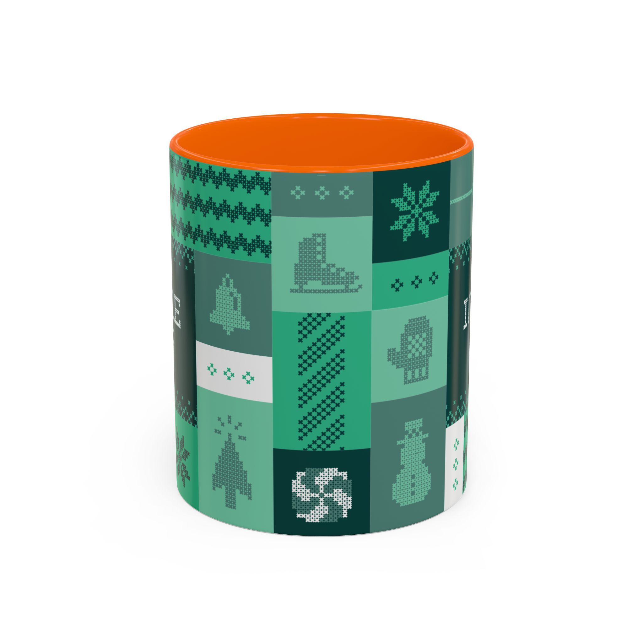 The "Mandatory Fun" Mug - Green | 11oz Indie AF 2025 Holidays by Grown is a ceramic mug with an orange interior, green exterior, and pixel art winter pattern featuring boots, mittens, snowflakes, a snowman, and geometric designs.