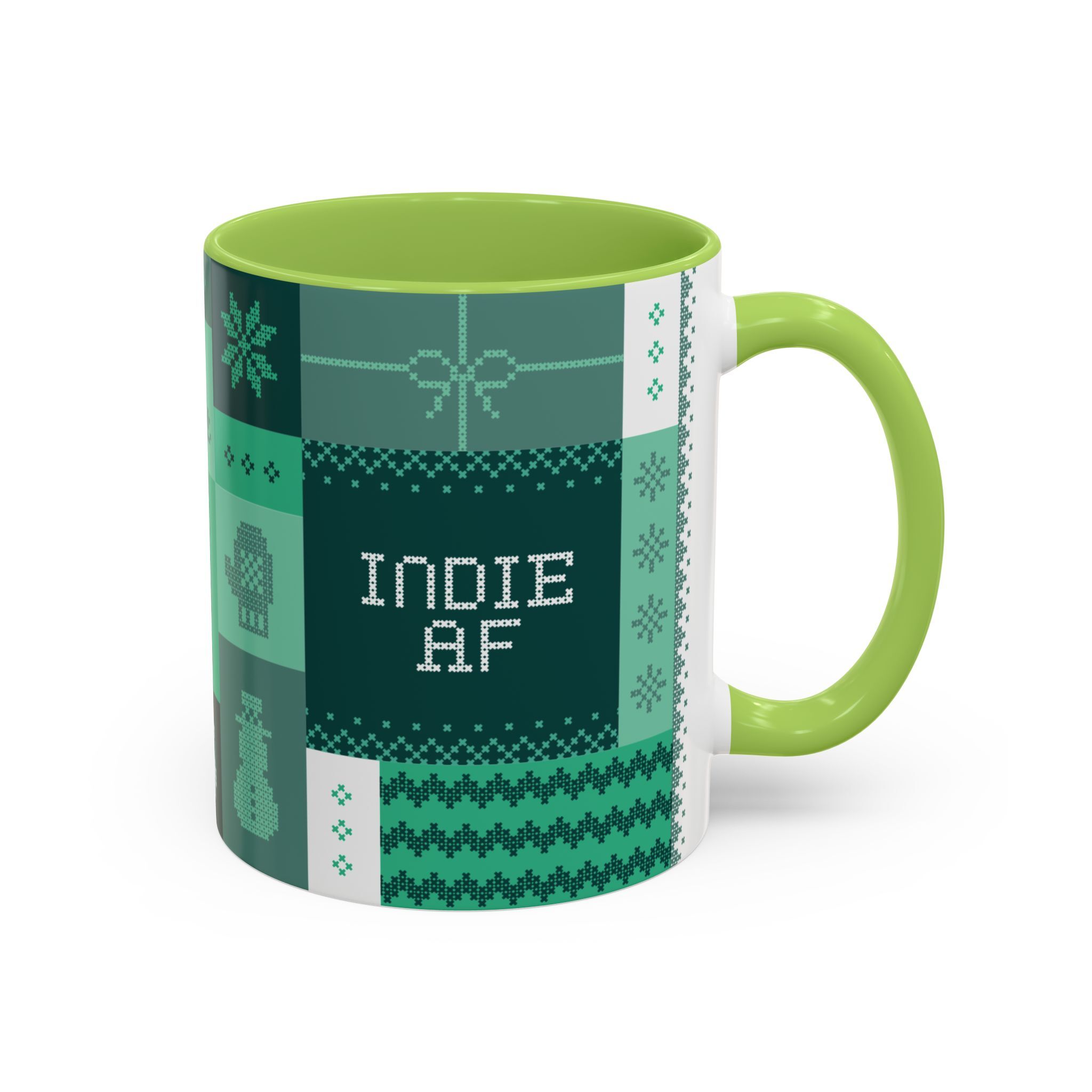 The "Mandatory Fun" Mug - Green | 11oz by Grown: a green-and-white ceramic mug with pixel art and “INDIE AF”—ideal for your 2025 Holidays Indie AF collection.