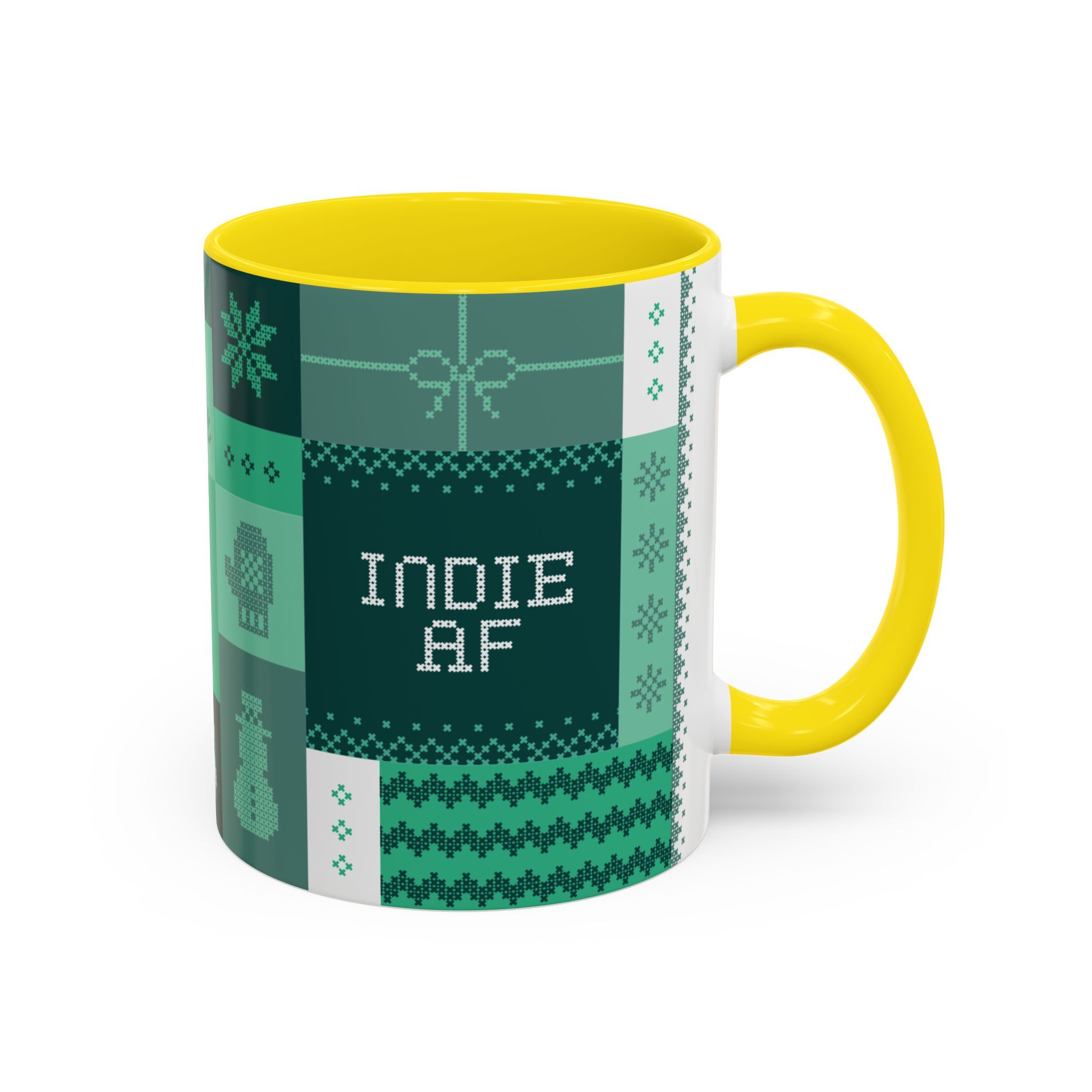 The "Mandatory Fun" Mug - Green | 11oz Indie AF 2025 Holidays by Grown features a white and yellow design with green pixel-style winter motifs—perfect as your go-to Holiday Mug for cozy, festive vibes.