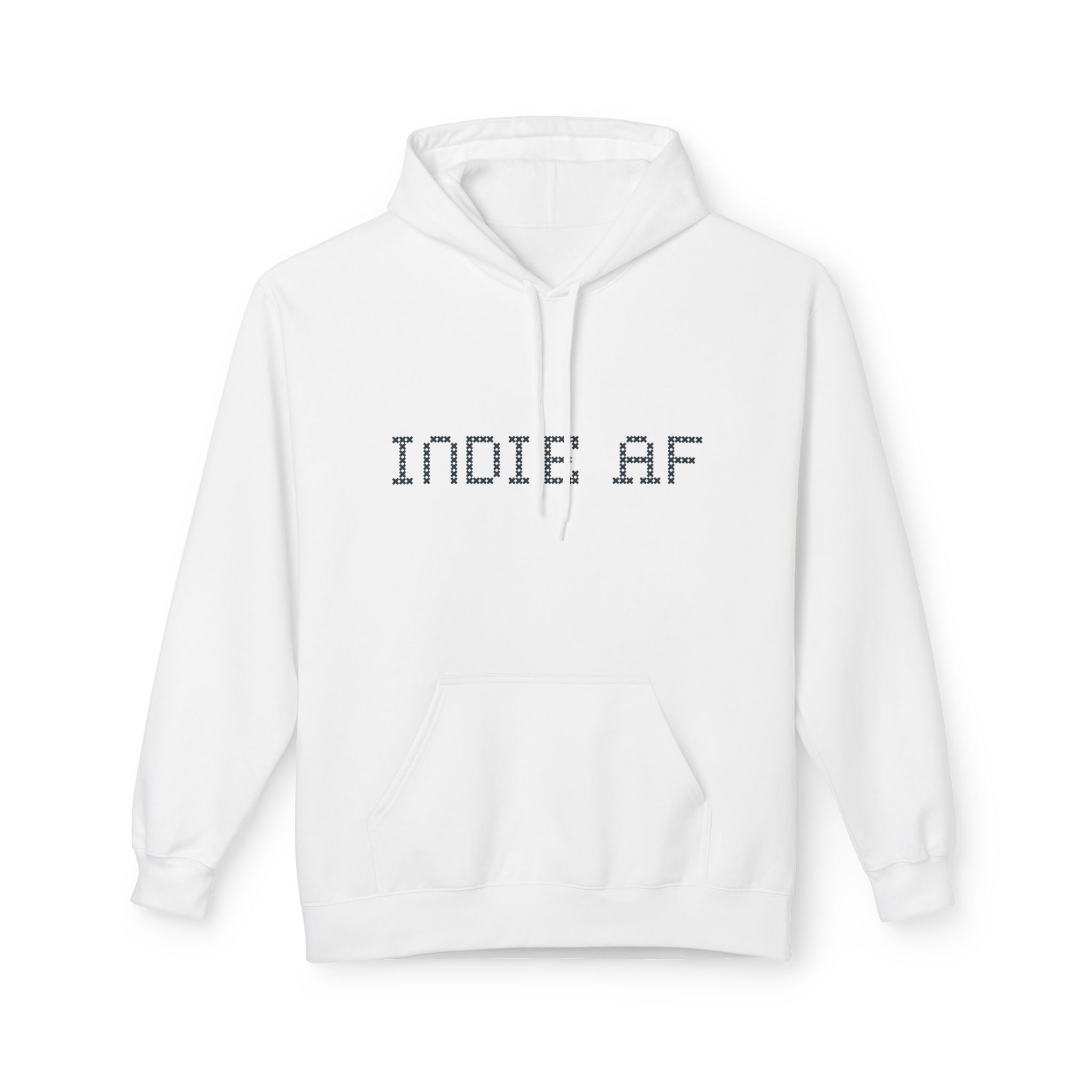 The "Uniform Rebellion" Hoodie | Indie AF 2025 Holidays by Grown: white hoodie with front pocket and pixelated black "INDIE AF" chest print—ideal for showcasing your unique style.