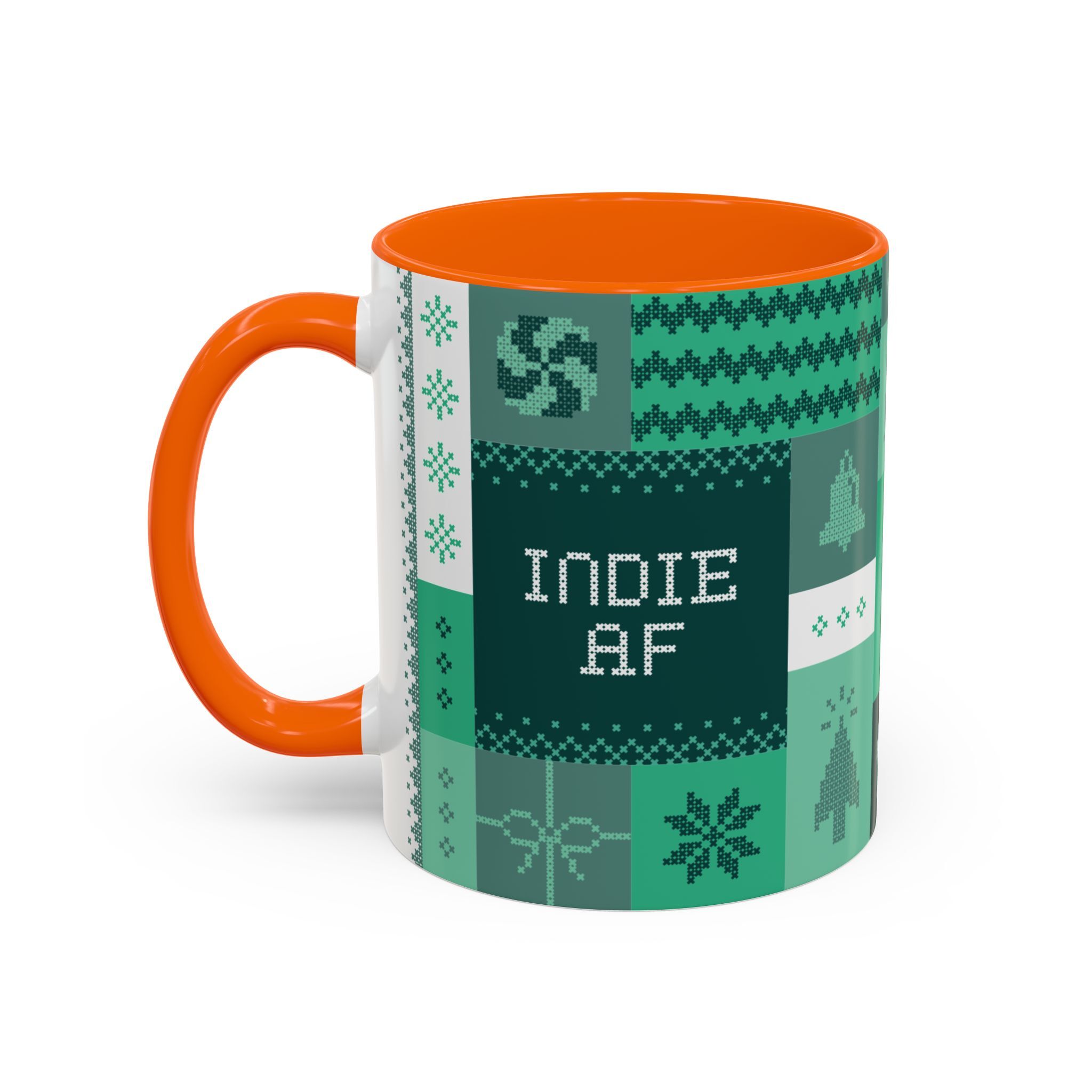 Sip in style with The "Mandatory Fun" Mug – Green (11oz), featuring an orange handle, green patchwork design, and INDIE AF 2025 pixelated font—perfect for your Holidays by Grown collection.