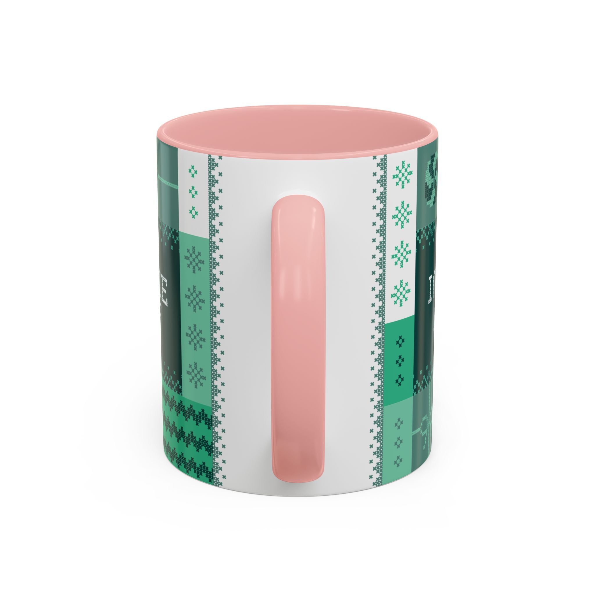 The "Mandatory Fun" Mug - Green | 11oz by Grown features a festive green and white pattern with a pink handle and interior—perfect for your holiday sipping.