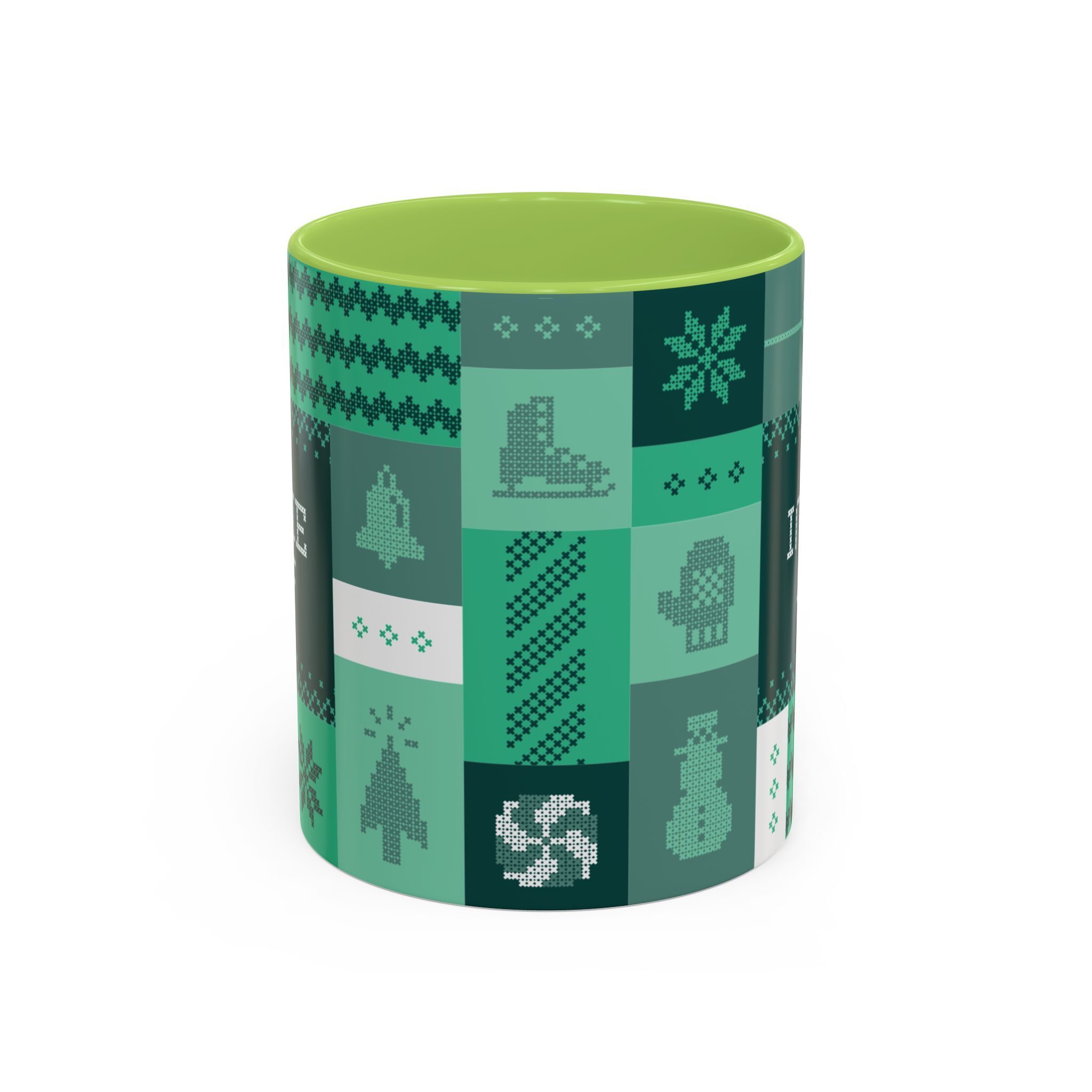 The "Mandatory Fun" Mug - Green | 11oz by Grown features pixel art winter motifs—boots, snowflakes, mittens, and a snowman—making it perfect for your 2025 Holidays.