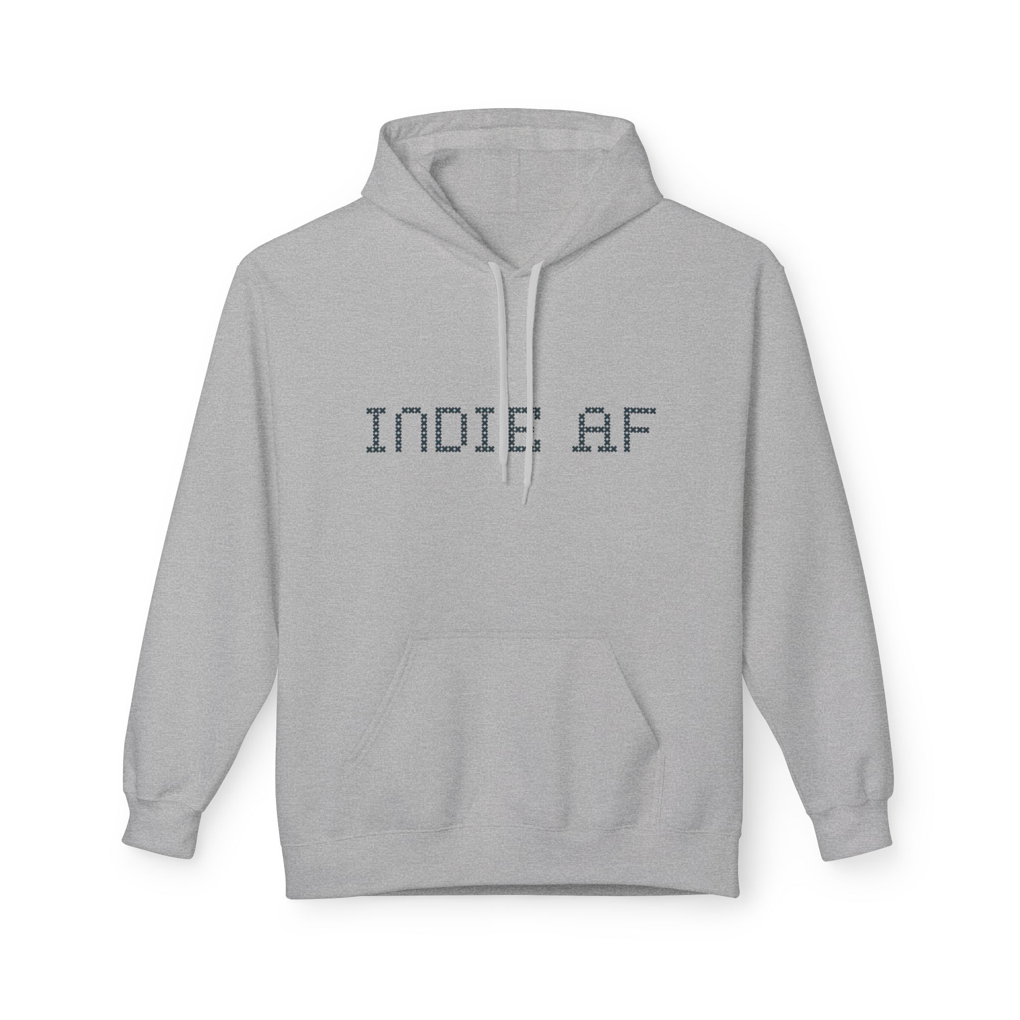 The "Uniform Rebellion" Hoodie | Indie AF 2025 Holidays by Grown—light gray with front pocket and INDIE AF in pixel font, perfect for making a bold statement.