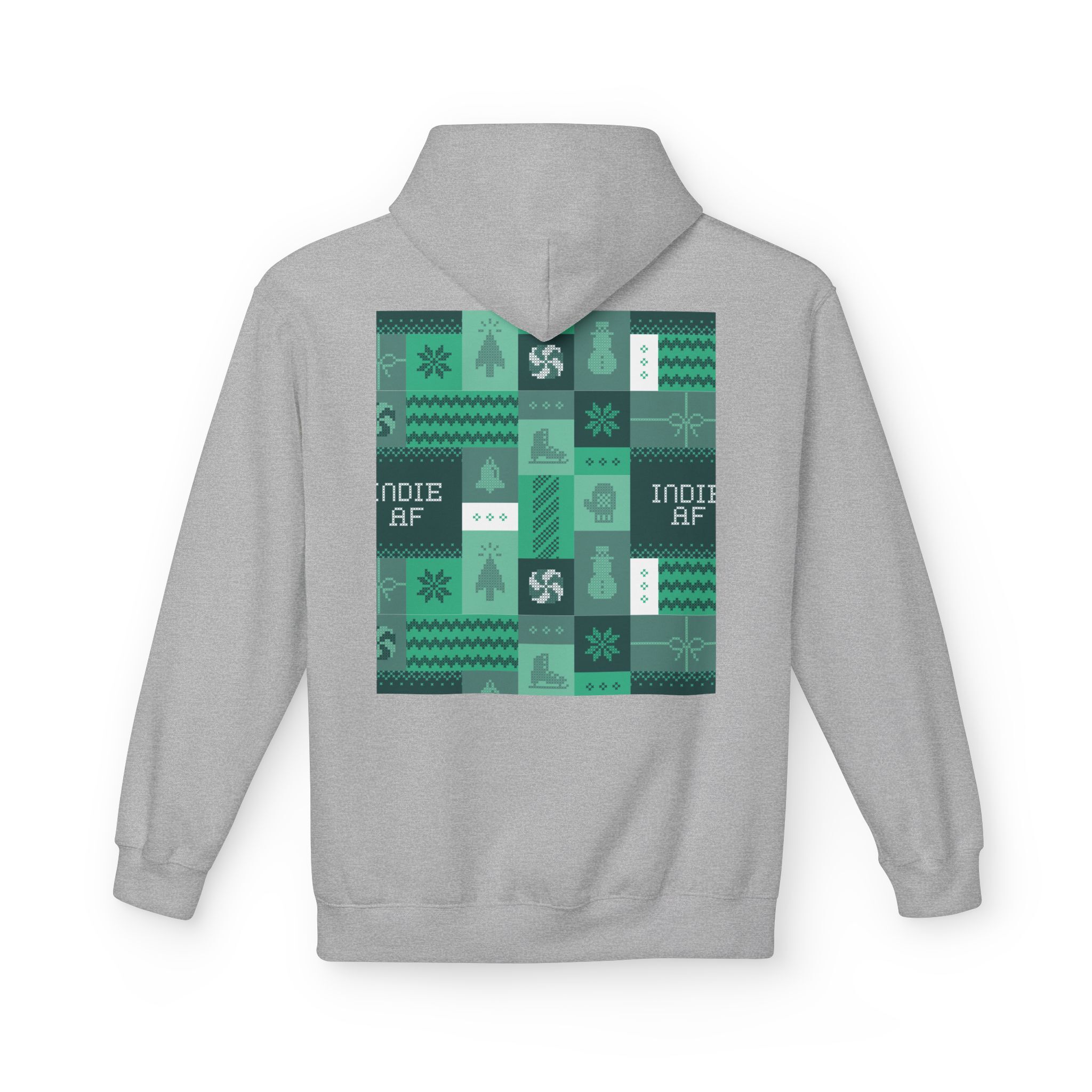 The “Uniform Rebellion” Hoodie | Indie AF 2025 Holidays by Grown features a gray base with a green and blue patchwork graphic on the back—INDIE AF text, snowflakes, trees, and geometric designs for cozy, grown-up indie streetwear.