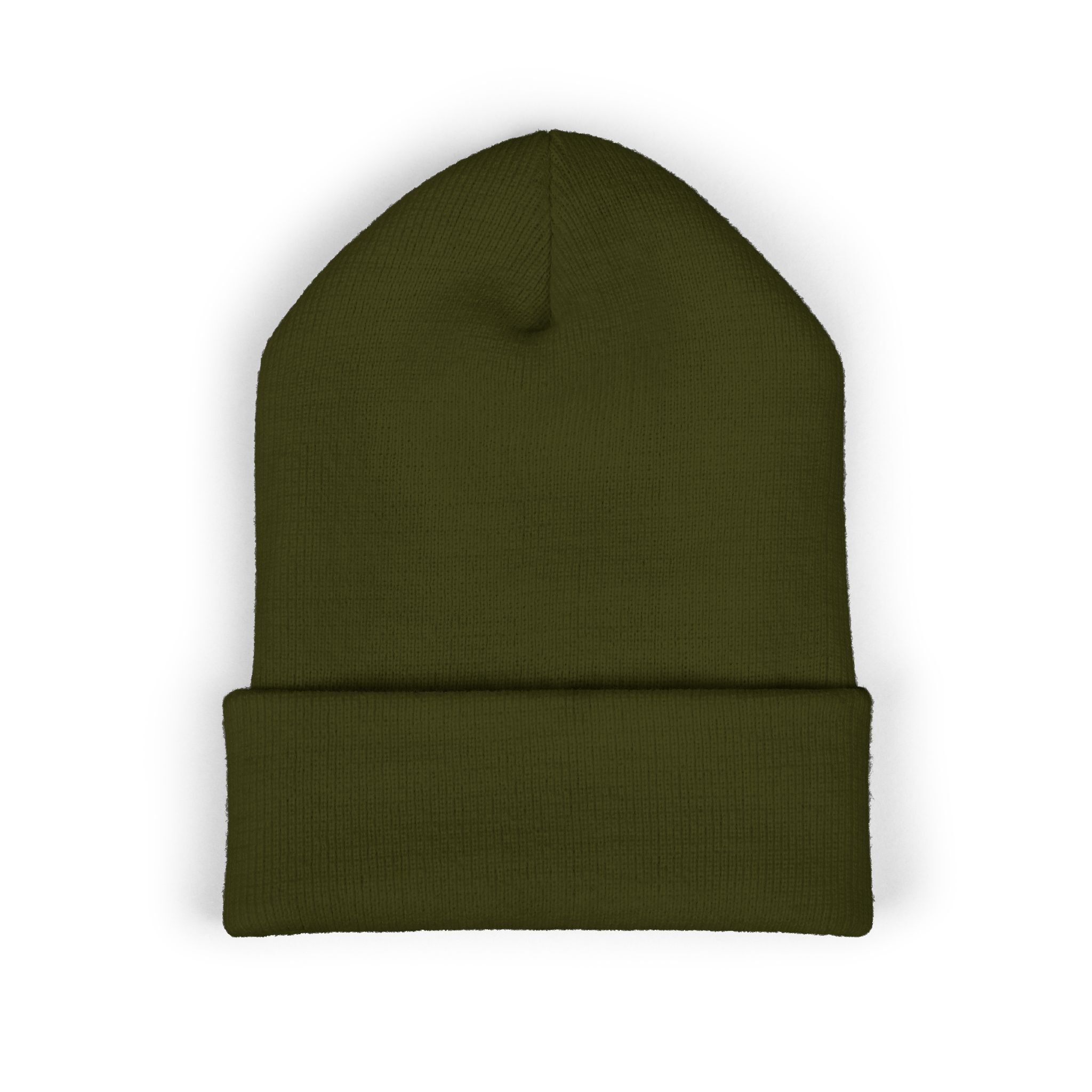 The Deep Dive: Indie AF 2025 Holidays by Grown cuffed beanie features light embroidery on olive green fabric with a folded brim, shown against a white background—ideal for the indie enthusiast.