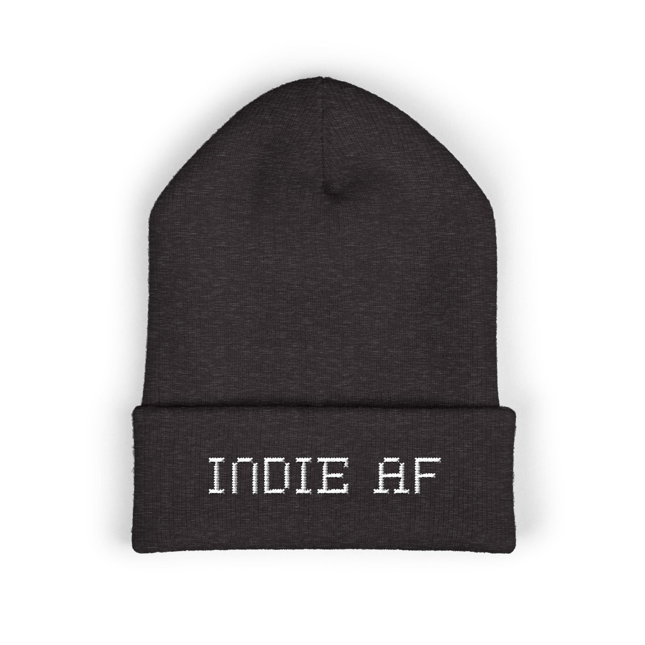 The Deep Dive: Indie AF 2025 Holidays by Grown cuffed beanie features light embroidery with "INDIE AF" in white—perfect for showcasing your style this holiday season.