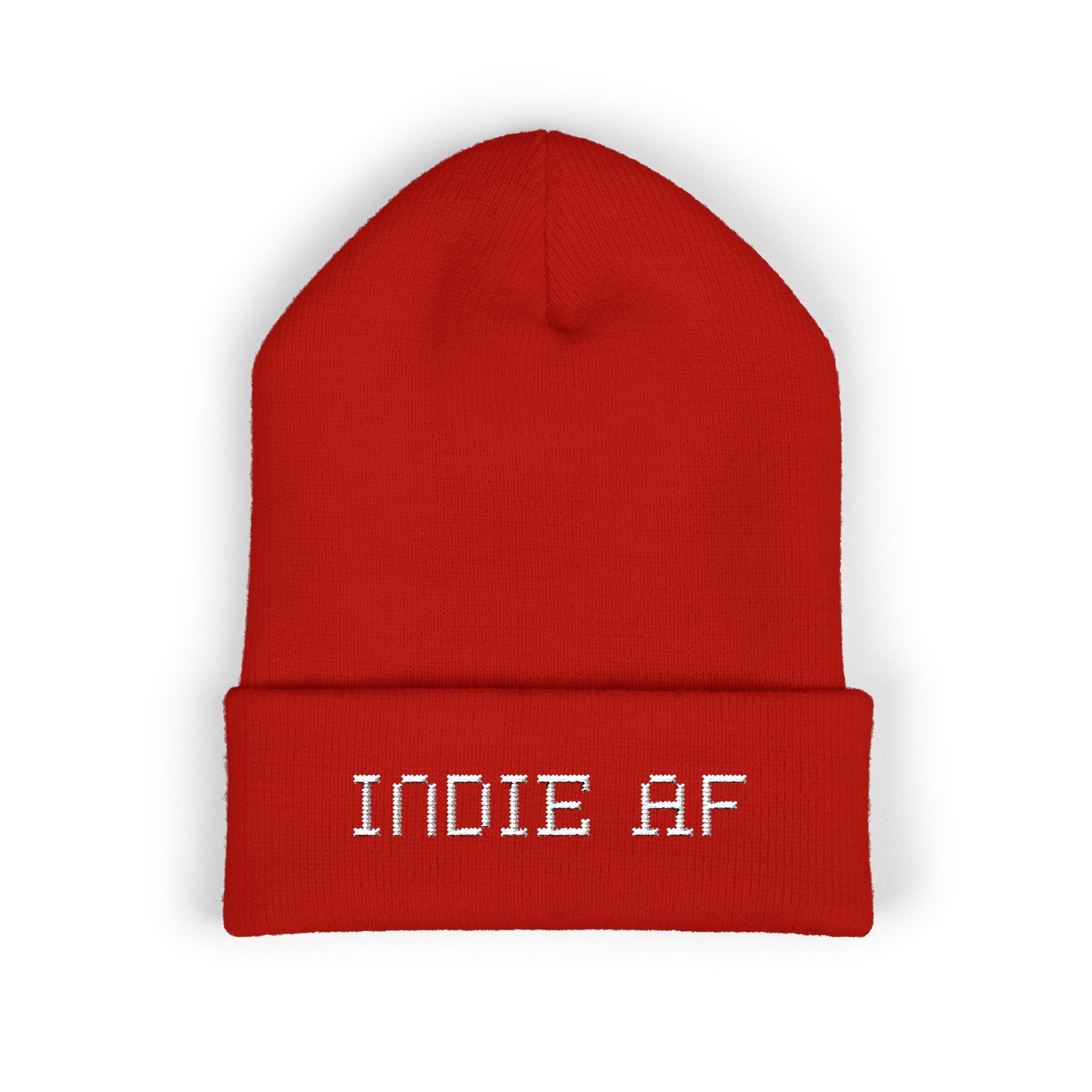 The Deep Dive: Indie AF 2025 Holidays by Grown Cuffed Beanie in red, featuring "INDIE AF 2025" embroidered in crisp white on the folded brim.