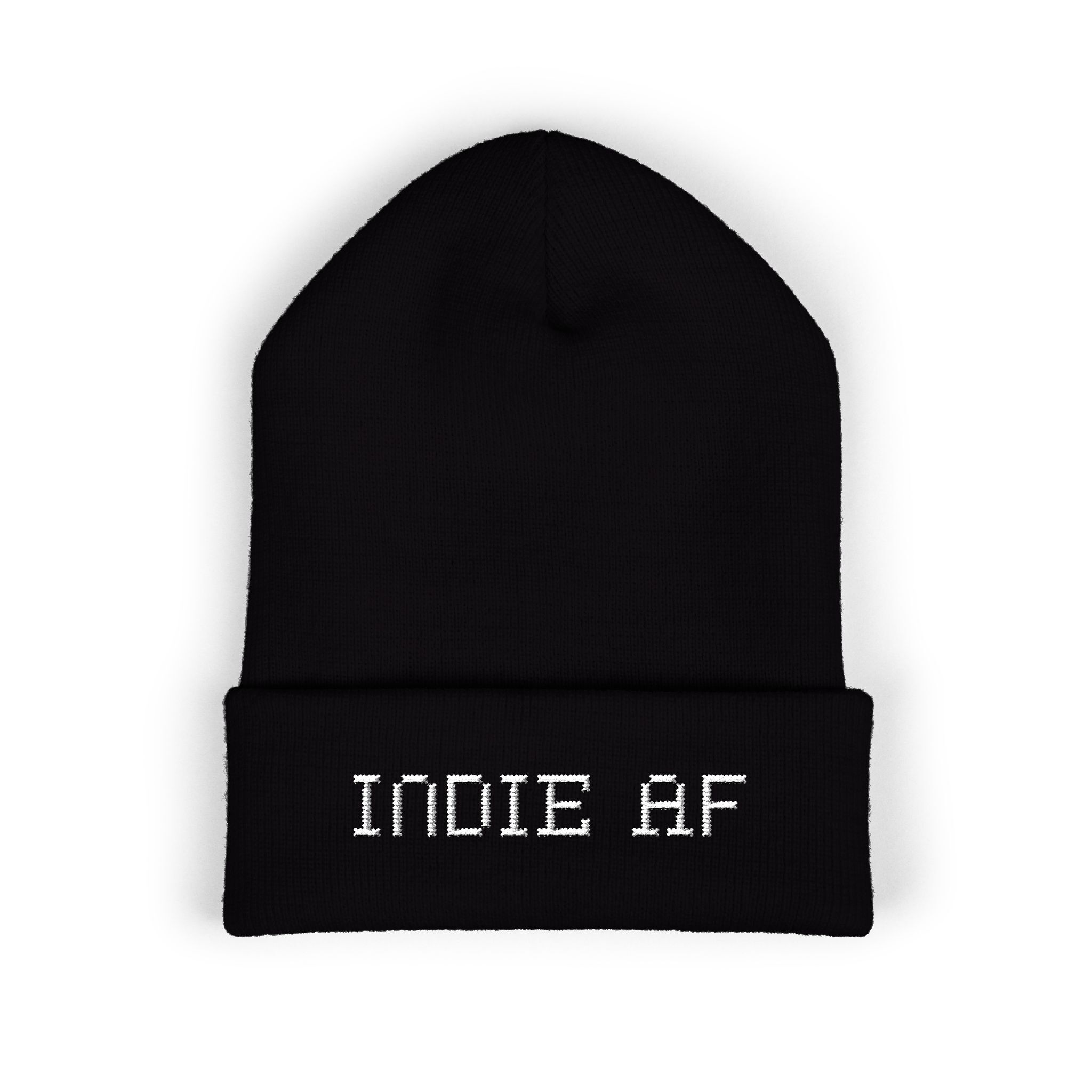 The Deep Dive: Indie AF 2025 Holidays by Grown cuffed beanie features "INDIE AF" in light white embroidery on a black fold, making it ideal for showing off your indie style this holiday season.