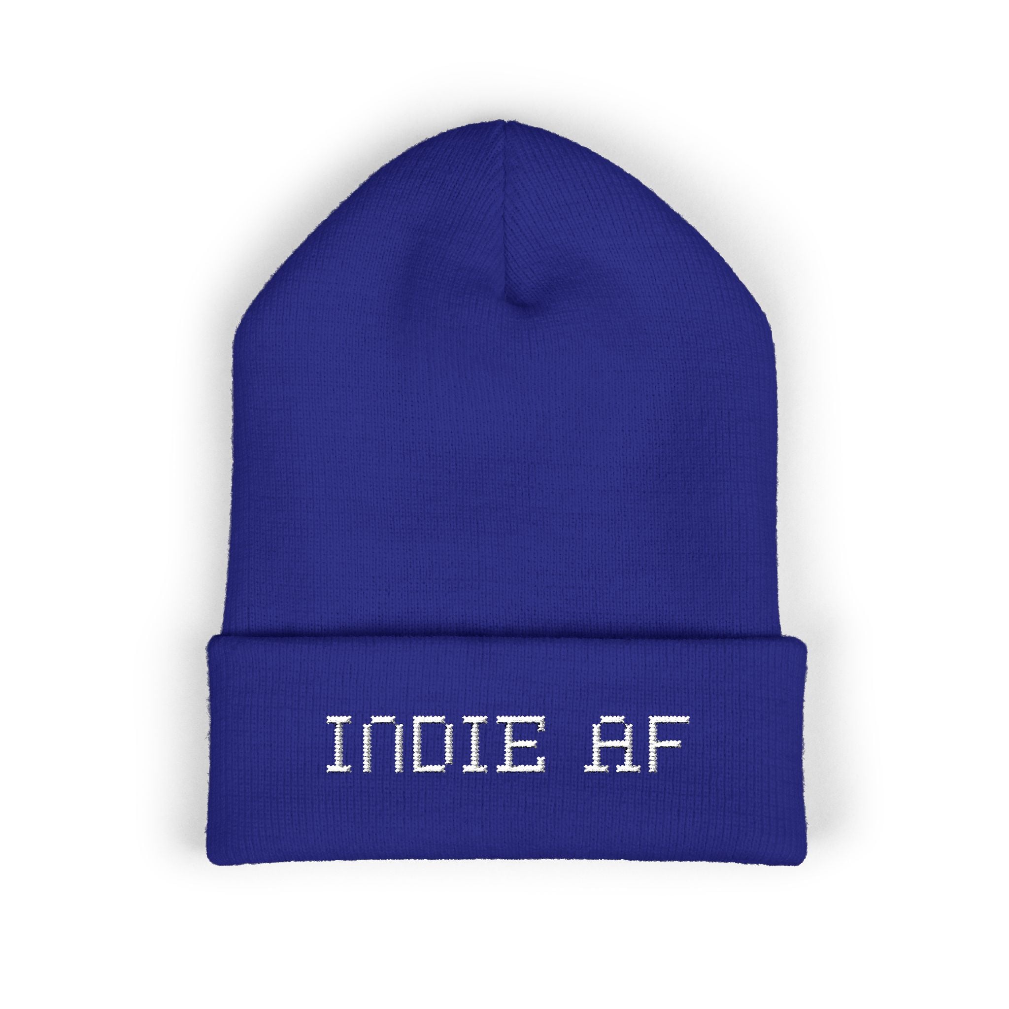 The Deep Dive: Indie AF 2025 Holidays by Grown cuffed beanie features light embroidery of "INDIE AF 2025" in bold white capital letters on the front.