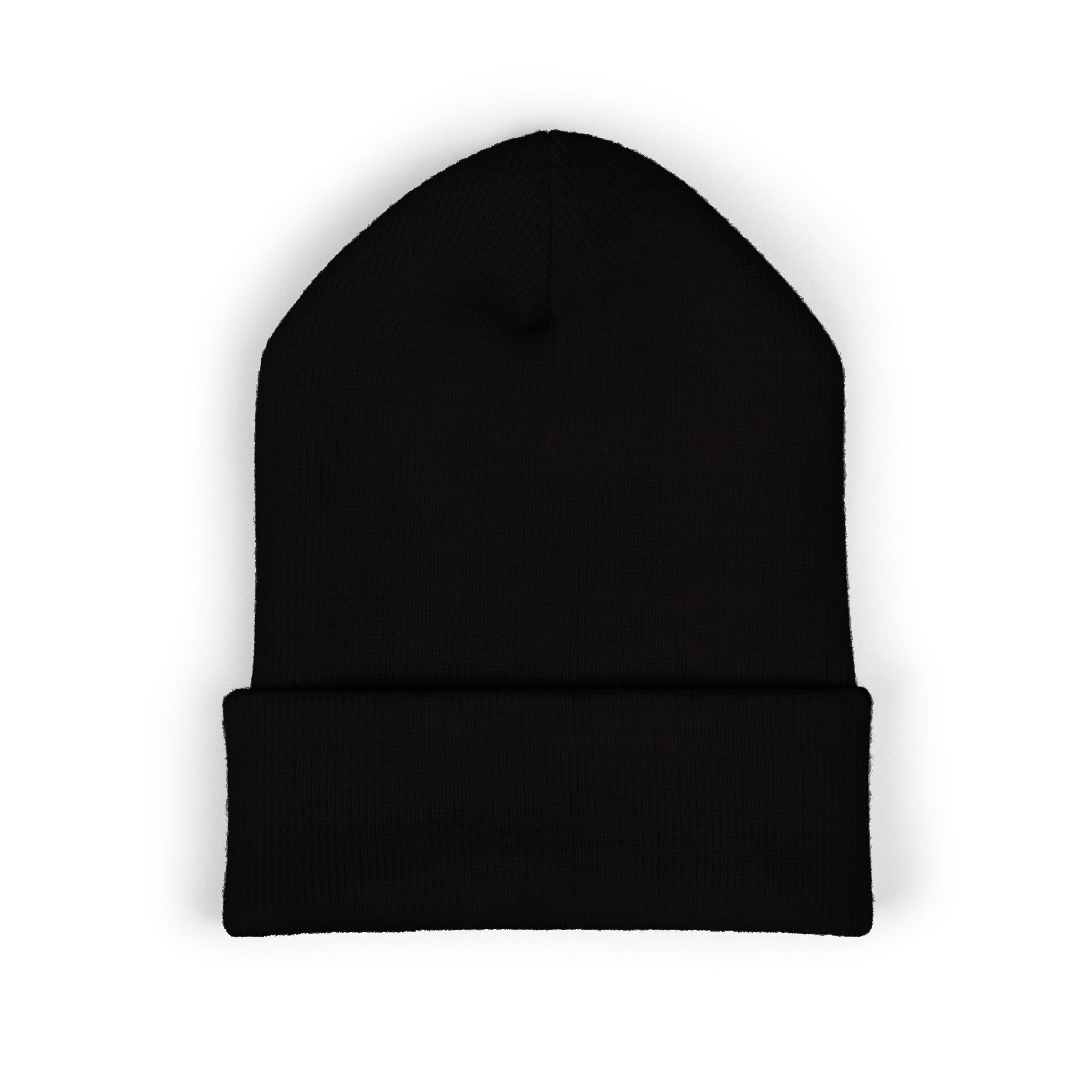 The Deep Dive: Indie AF 2025 Holidays by Grown cuffed beanie features light embroidery and a folded brim, shown in plain black against a white background.