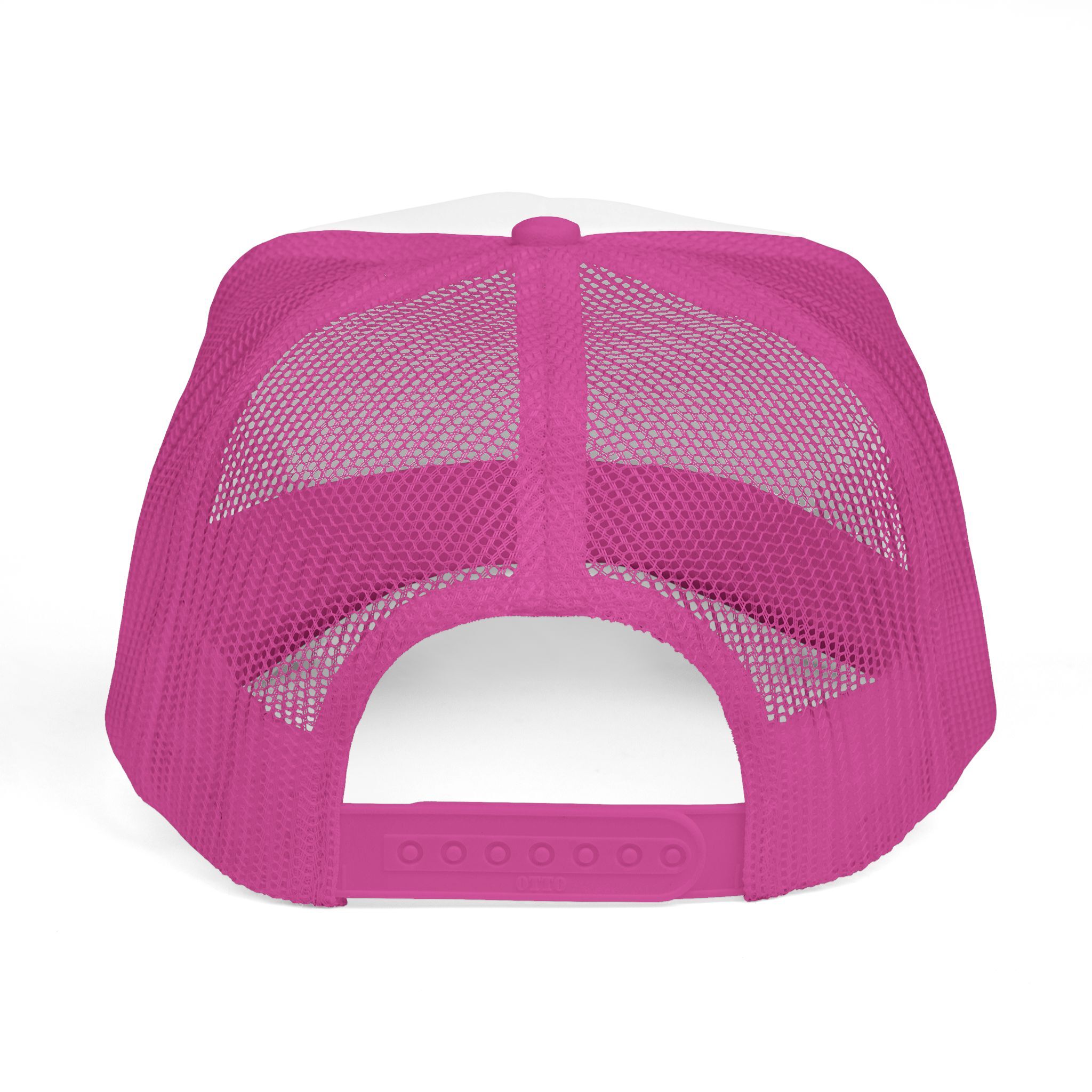 Back view of The "See You in the Pitch, Motherfu**ers!" Trucker Hat—a pink mesh trucker hat with an adjustable strap, perfect for making a bold statement on or off the pitch.